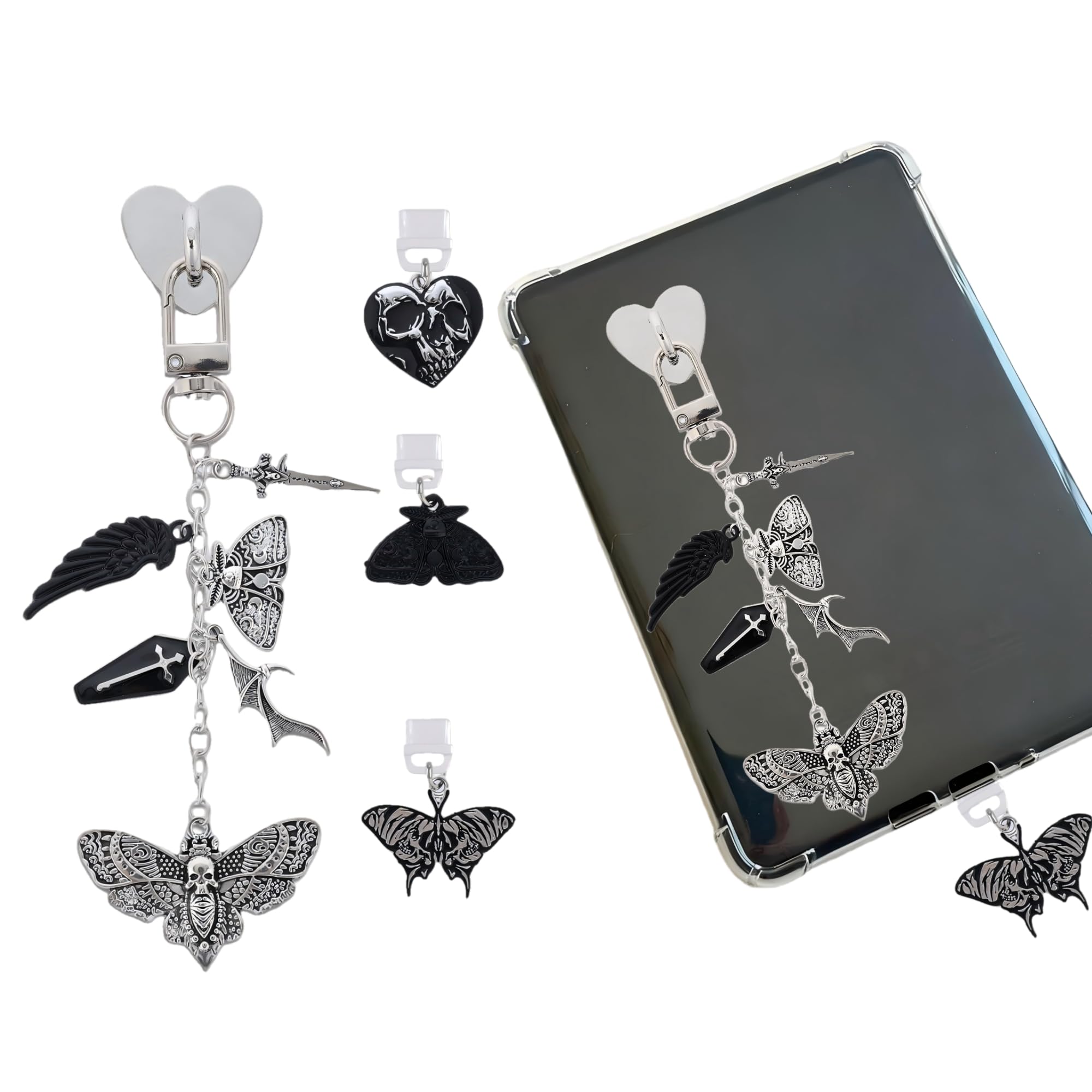 TAKEALOOKO Halloween Dust Plug Charm Chains for Kindle - 4Pcs Whimsigoth Moth Skull Type C Dustplug & Chain Bracelet Strap Decor