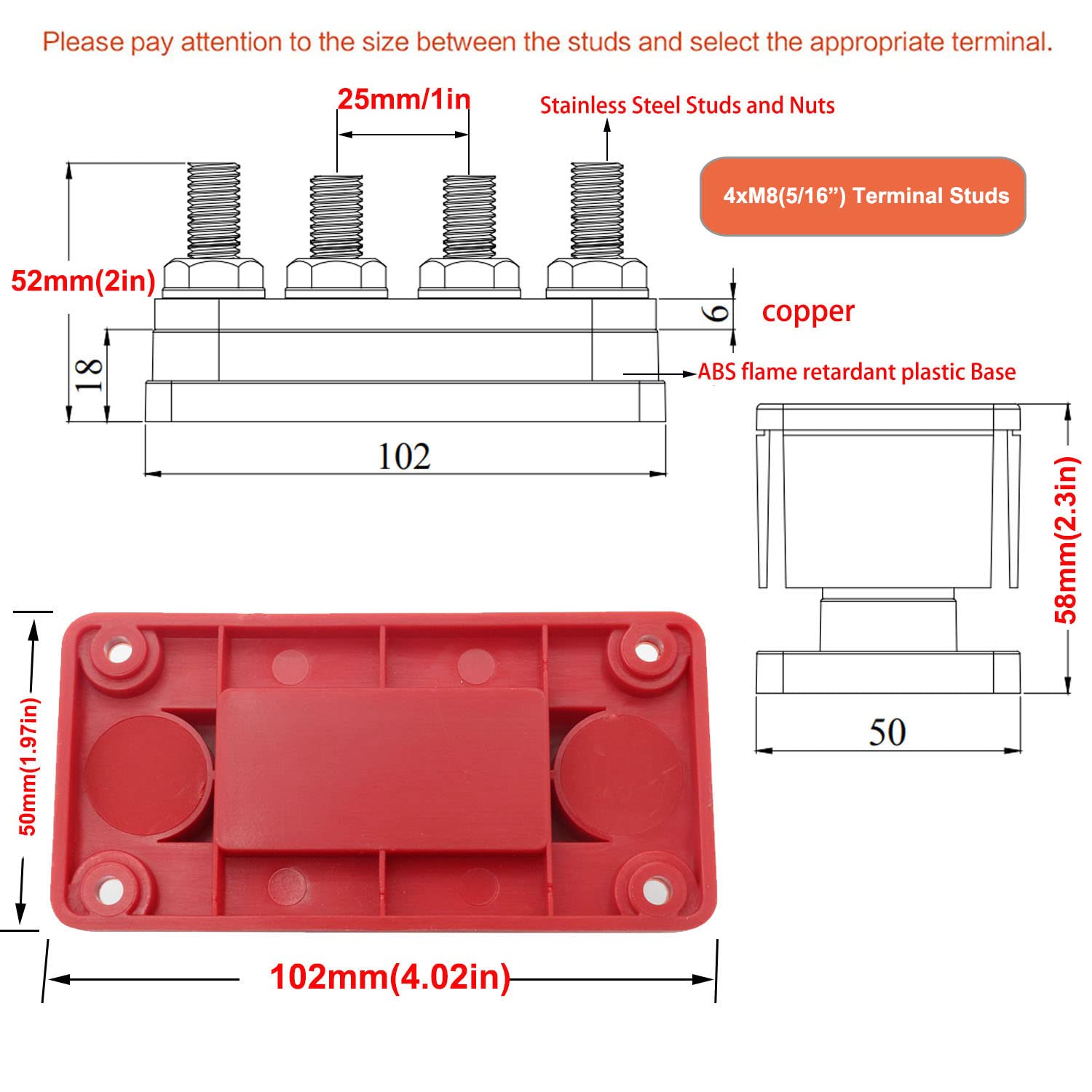 T Tocas 300A Bus Bar 48V Marine 12V Power Distribution Block With Cover 4X 5/16'' (M8) Terminal Studs Max 300V Ac 48V Dc Positiv