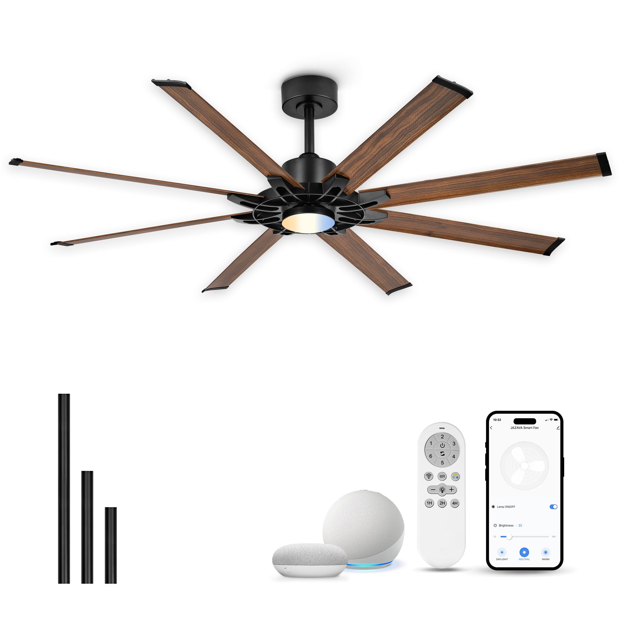 JAZAVA 72 Inch Ceiling Fan with Light, Industrial Ceiling Fan with 8 Aluminium Metal Blades, Smart Fan Compatible with Alexa, Ga