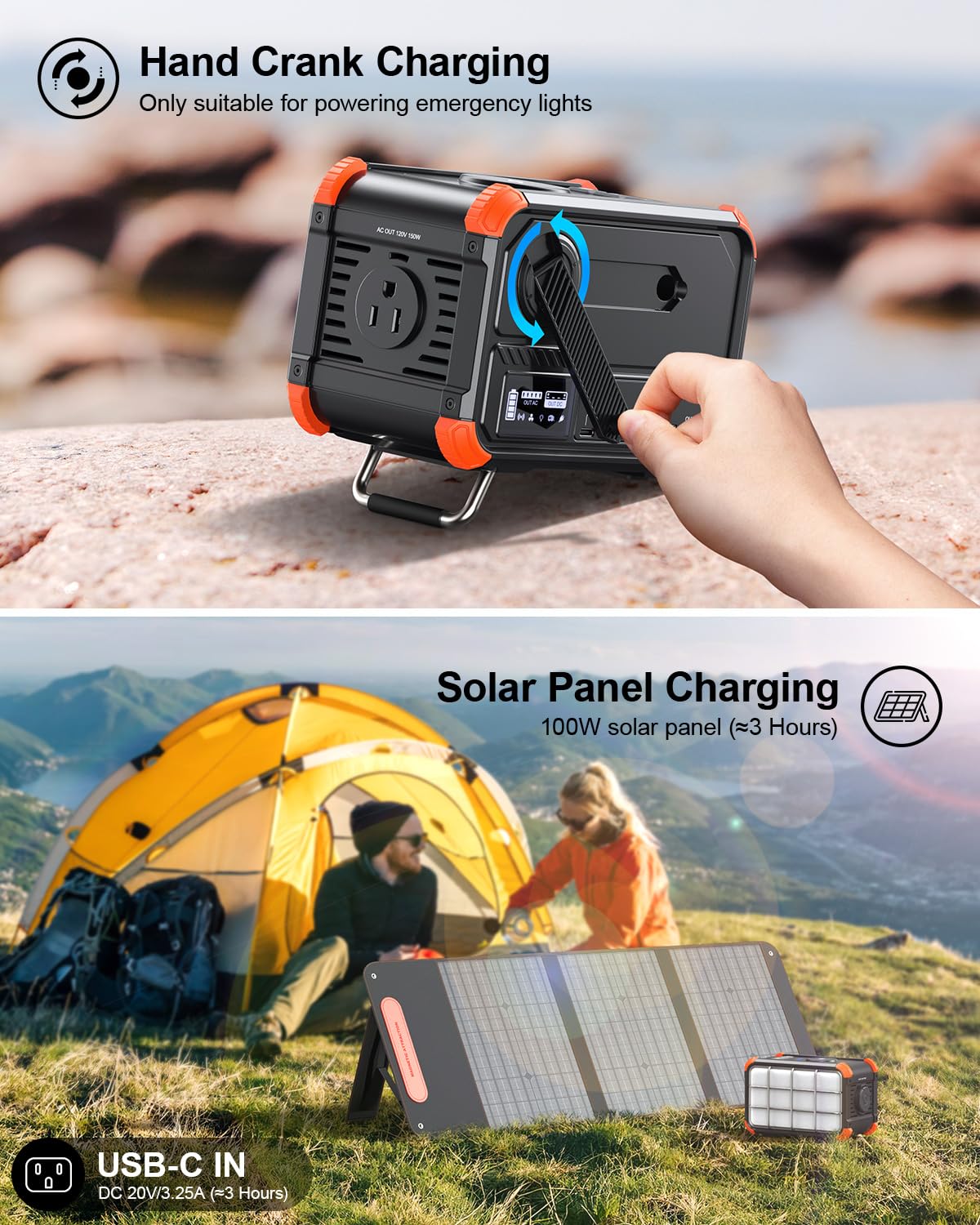 Browey Portable Power Station 153Wh Camping Small Solar Generator With Hand Crank 120V 150W Ac Outlet Lithium Battery Power Bank