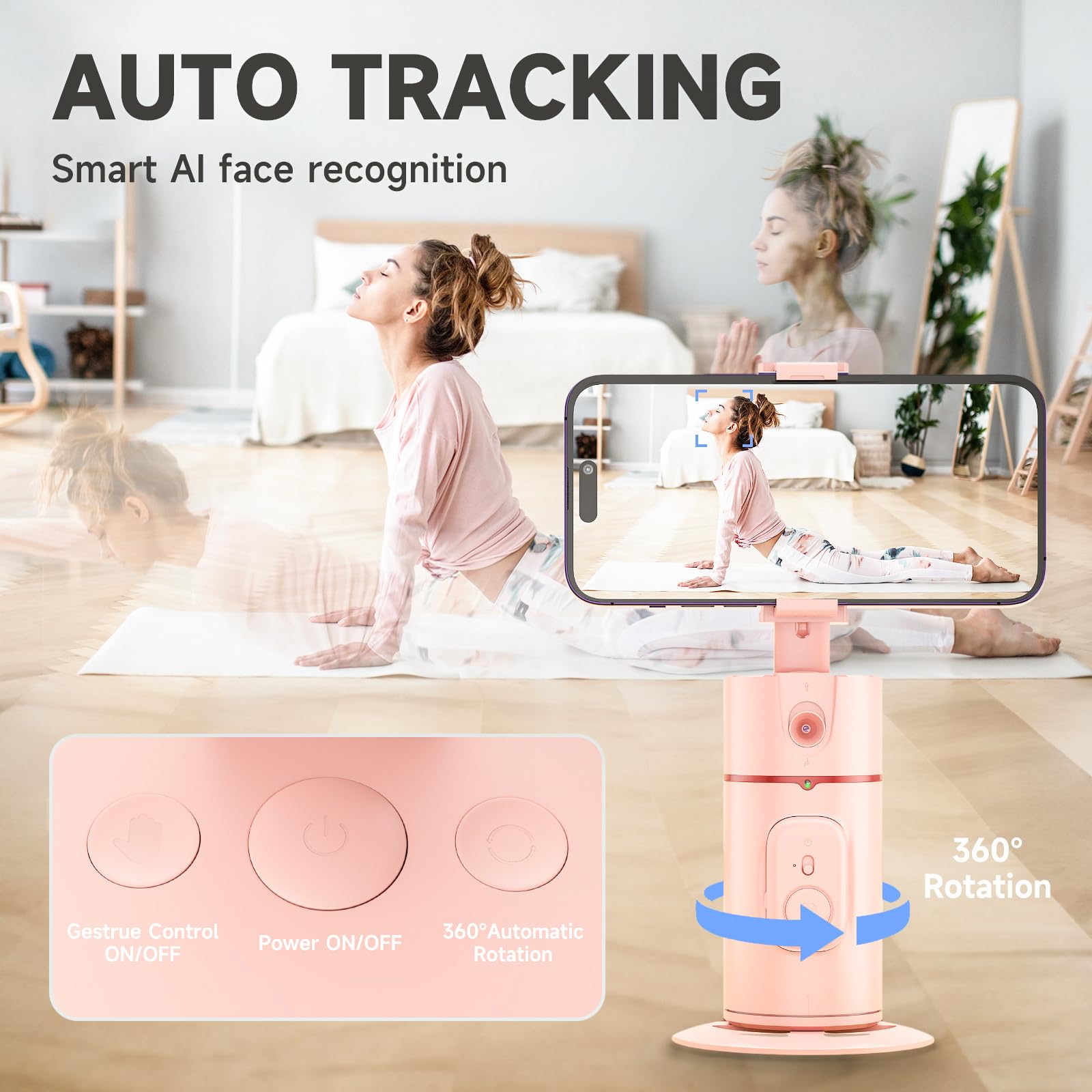 DELTAHVAC Auto Face Tracking Tripod - 360° Rotation Phone Holder with Remote & Gesture Control, Rechargeable, Pink Regular