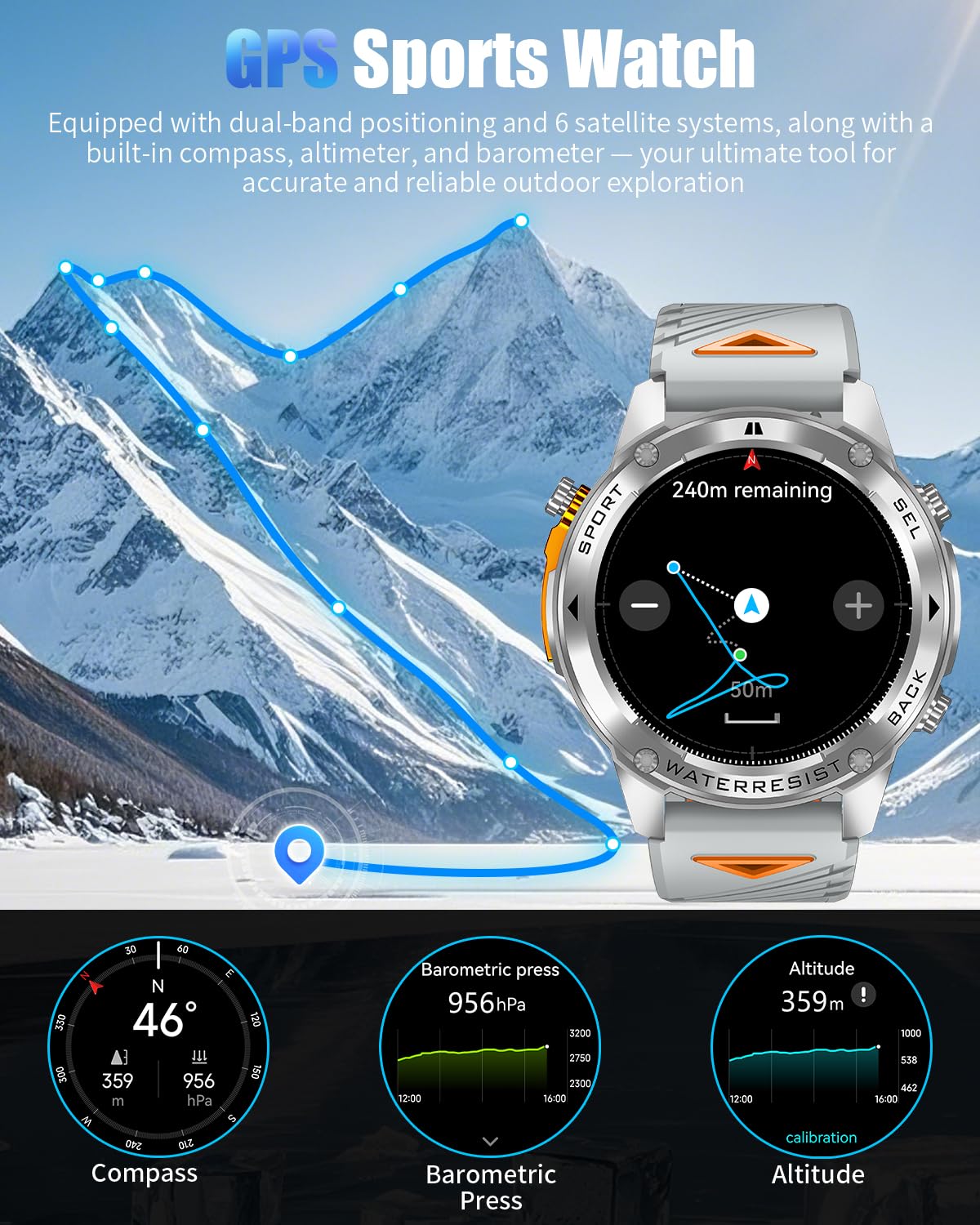 Podoeil Military Smart Watch For Men With Gps, Compass & Altimeter, 5Atm Waterproof, 500Mah Battery, Bluetooth Call, 170+ Sports