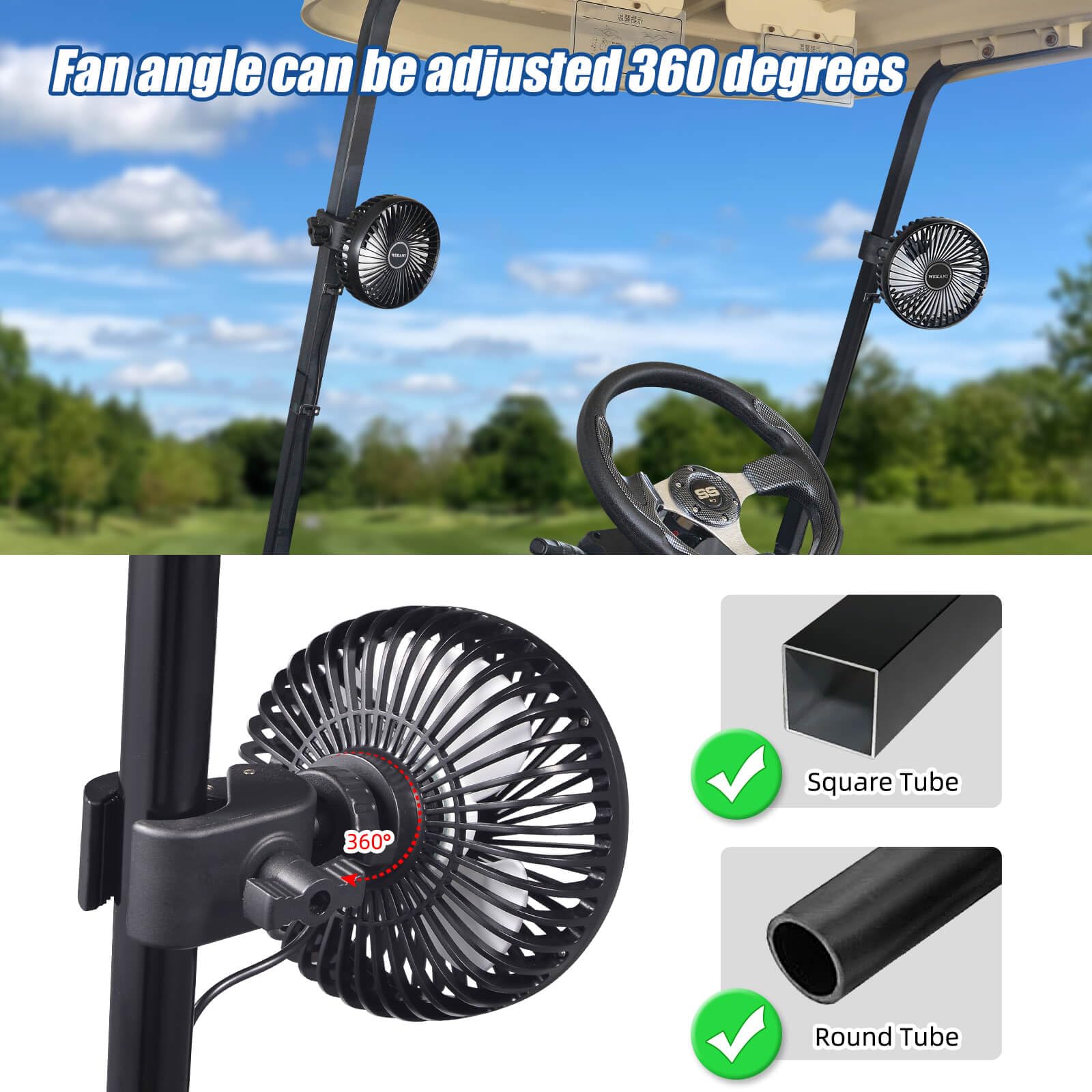 Wekani 2 Pack Golf Cart Fans For Golf Cart Accessories,3 Speed Settings Fit Ezgo Club Car Yamaha Models With Sturdy Clamp& Porta
