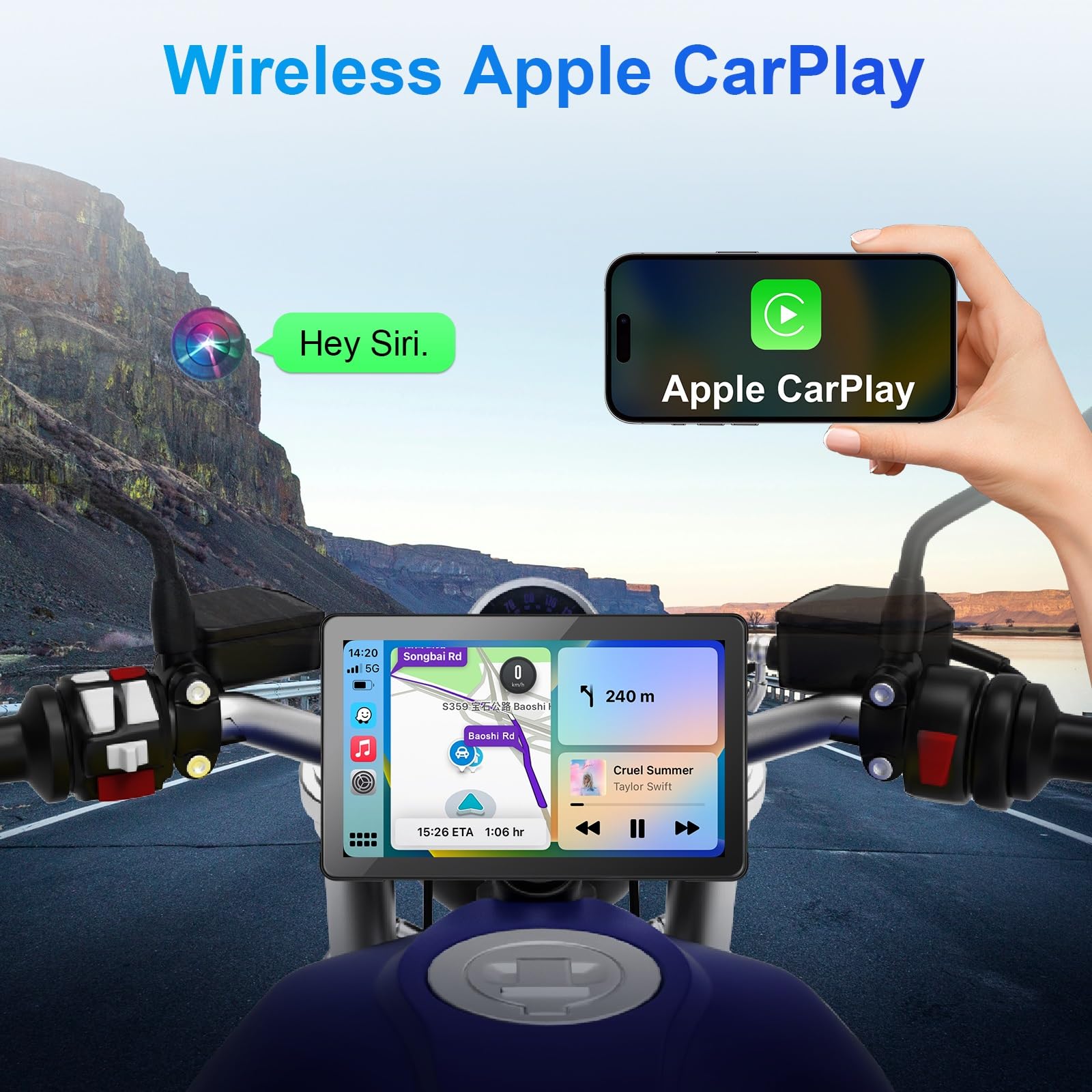 Wireless Carplay For Motorcycle 7 Inch Touchscreen With Wireless Android Auto, Dual Bluetooth Waterproof Touch Screen Portable C
