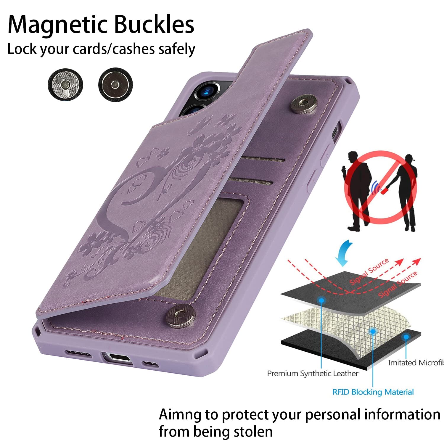 Cavor iPhone 12/12 Pro Wallet Case Embossed Heart Flower Pattern PU Leather Card Holder Shockproof Purple