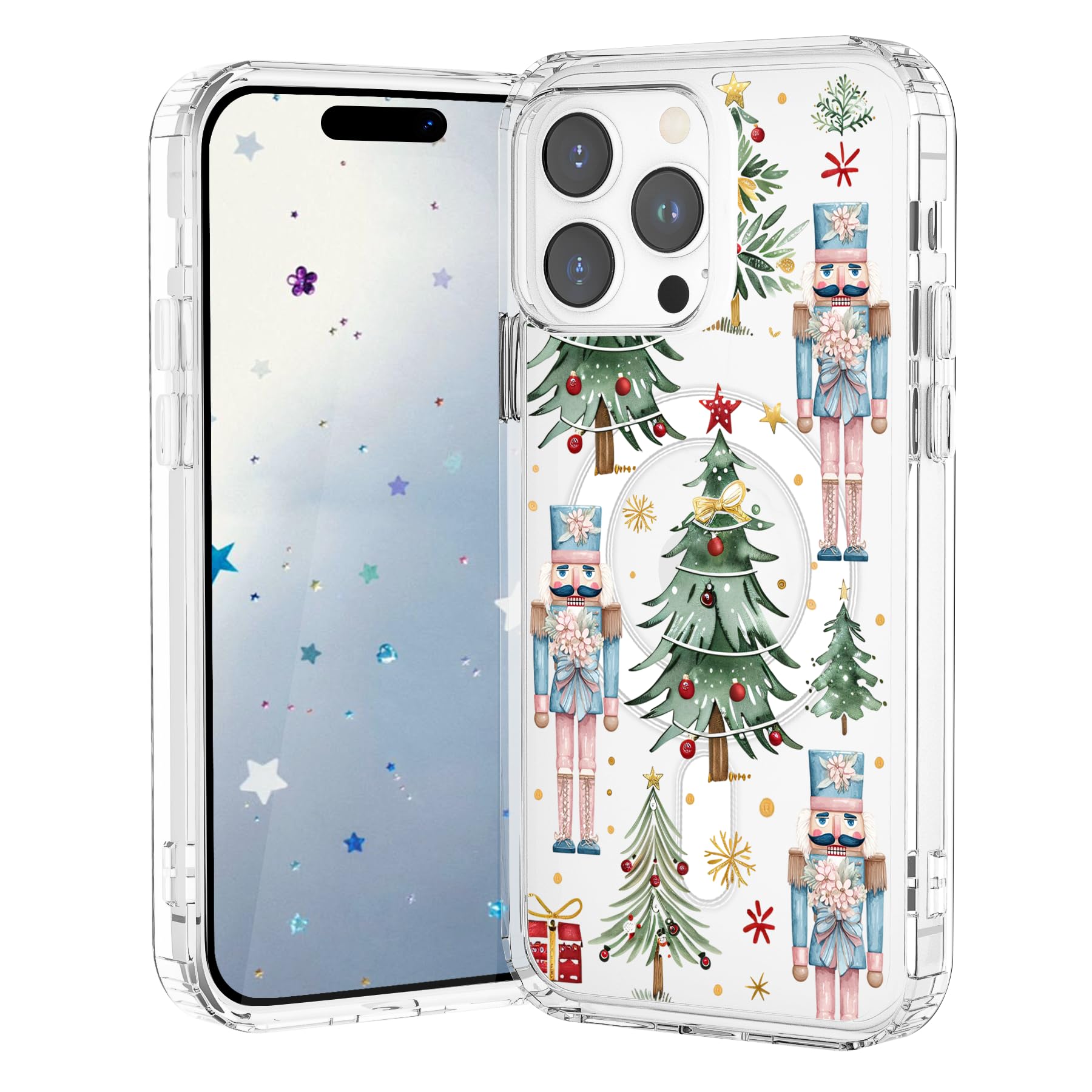 VibrantFruitique Christmas Case for iPhone 16 Pro Max,Nutcracker Xmas Tree Clear Magnetic Case,Compatible with MagSafe,Soft TPU 