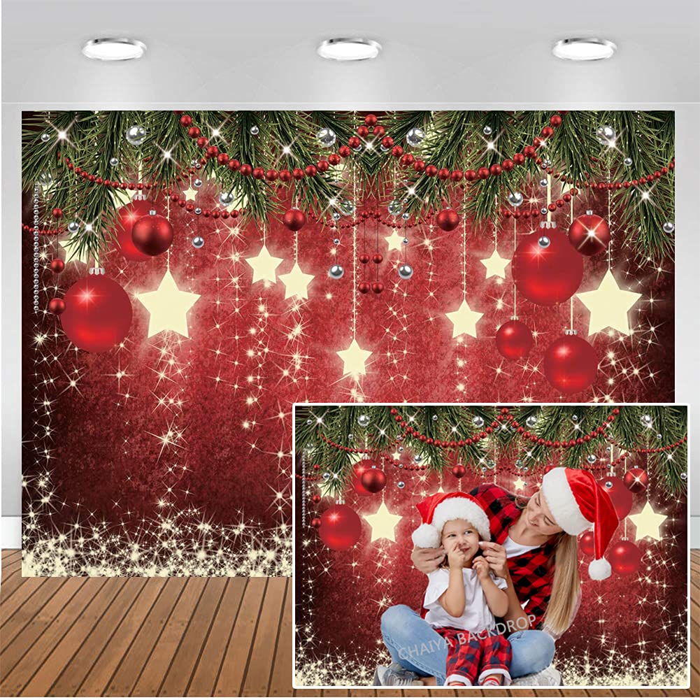 Chaiya 7X5Ft Christmas Red Background Winter Snowflake New Year'S Eve Photography Family Party Shining Stars Background Red Happ