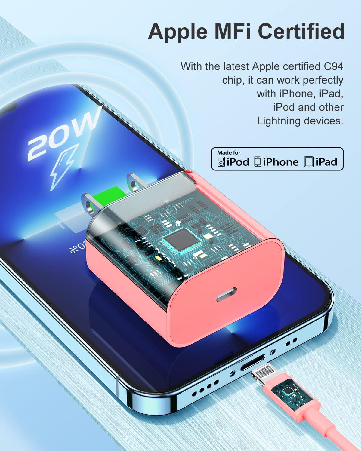Susnwere Iphone 14 13 12 Charger Fast Charging, 2 Pack 20W Fast Pd Usb C Wall Charger Adapter With 3Pack 6Ft Usb C To Lightning Cable (Mfi Certified) For 14/14 Plus/14 Pro/14 Pro Max/13/ Pink