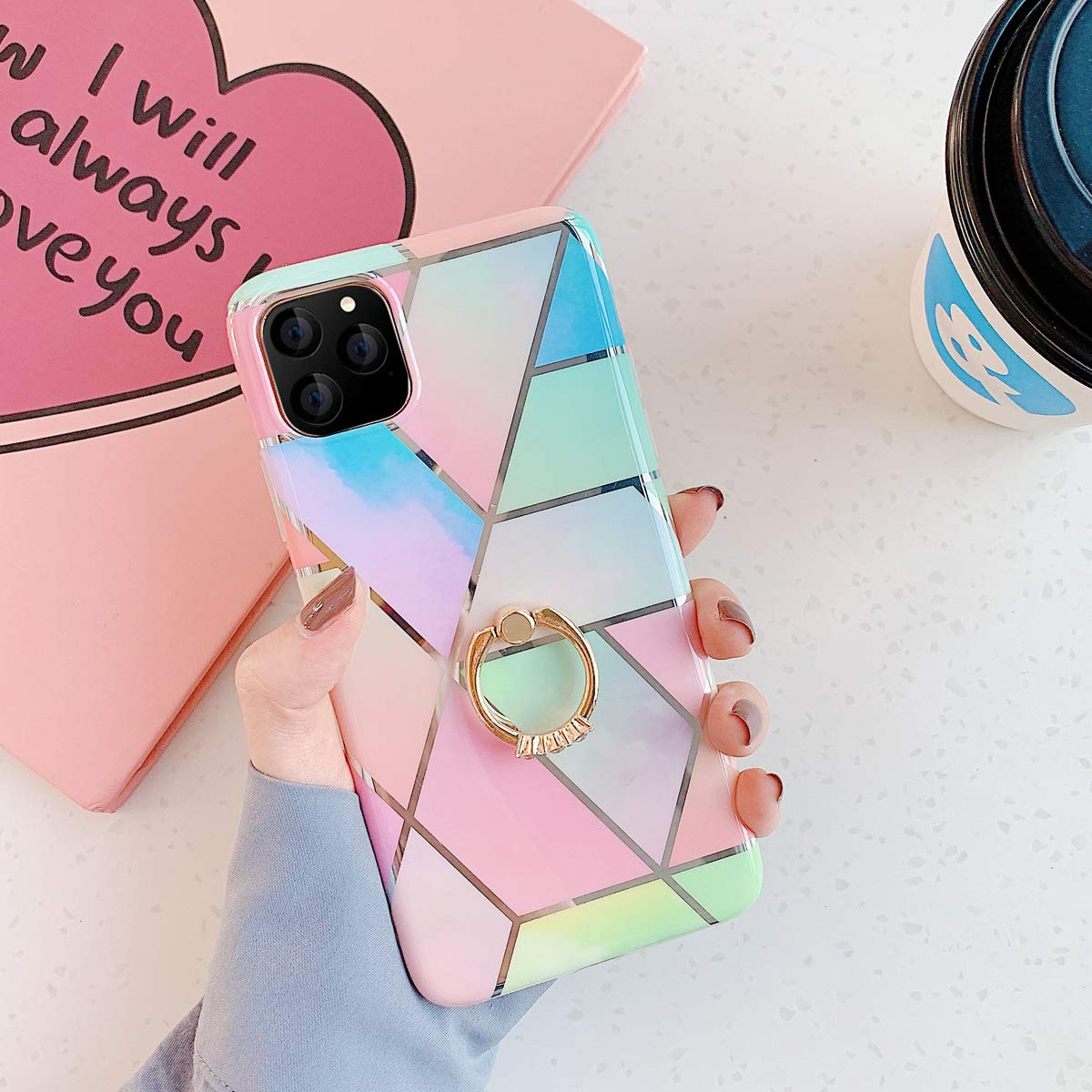 Qokey iPhone 11 Case 360 Degree Rotating Ring Kickstand Soft TPU Shockproof Colorful for 6.1 Inch