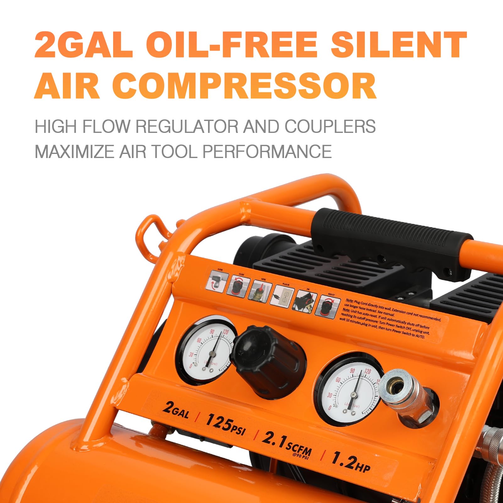 Fornax Air Compressor Portable 2 Gallon, 1.2 Hp 2.1 Scfm@ 90 Psi Oil Free, Max Pressure 135 Psi, 65 Db Silent Air Compressor For