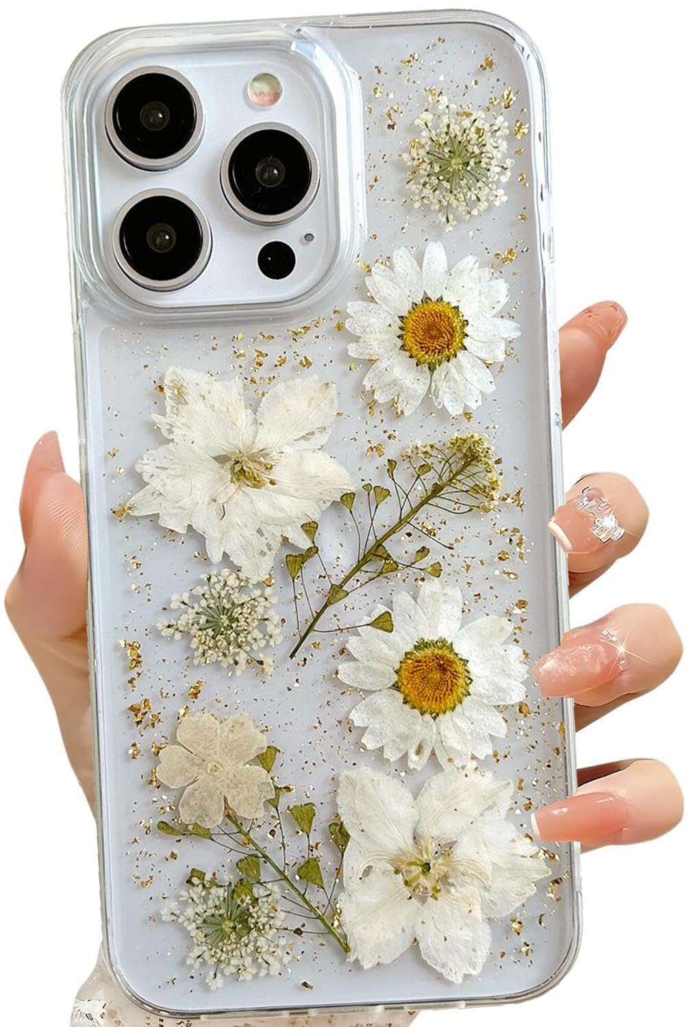 Lseeka For Iphone 15 Pro Max Clear Case With Pressed Real Flowers Design,Glitter Cute White Floral Pattern Slim Soft Tpu Protect