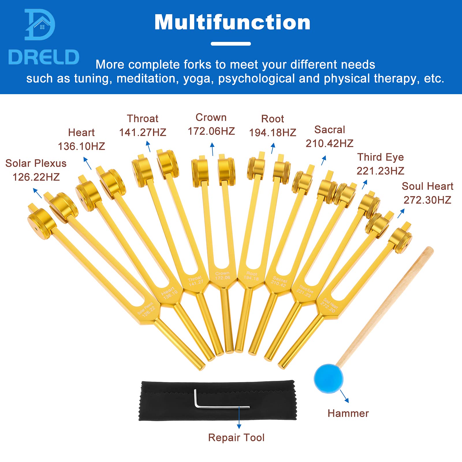 Chakra Tuning Forks Set, 7 Chakra+1 Soul Purpose Weighted Tuning Forks With Hammer, Bag, Cleaning Cloth (126.22 Hz, 136.1 Hz, 14