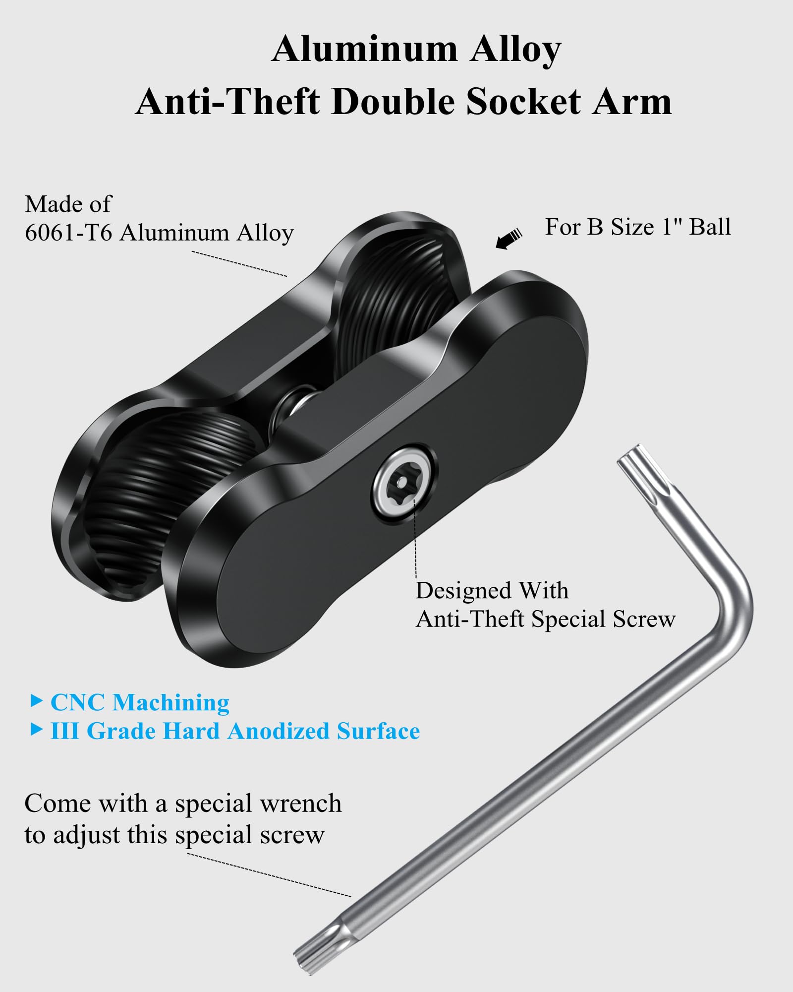 Brcovan Aluminum Alloy Anti Theft Double Socket Arm Compatible With Ram Mounts B Size 1'' Ball Components & Bike Motorcycle Phone Mount Holder With 1'' Ball Adapter