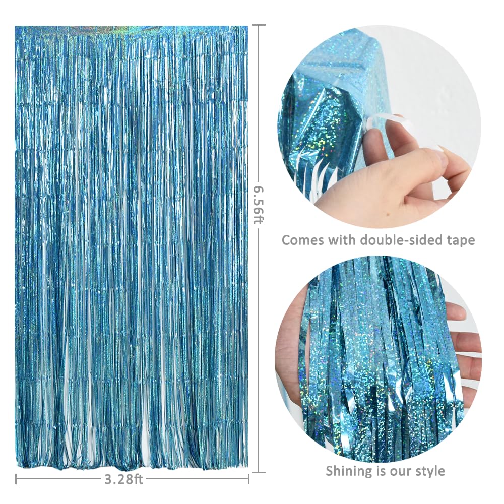 Toniful 3Pcs Laser Light Blue Door Streamers,Laser Blue Photo Booth Backdrop Metallic Streamers Blue Foil Fringe Curtains For Bi