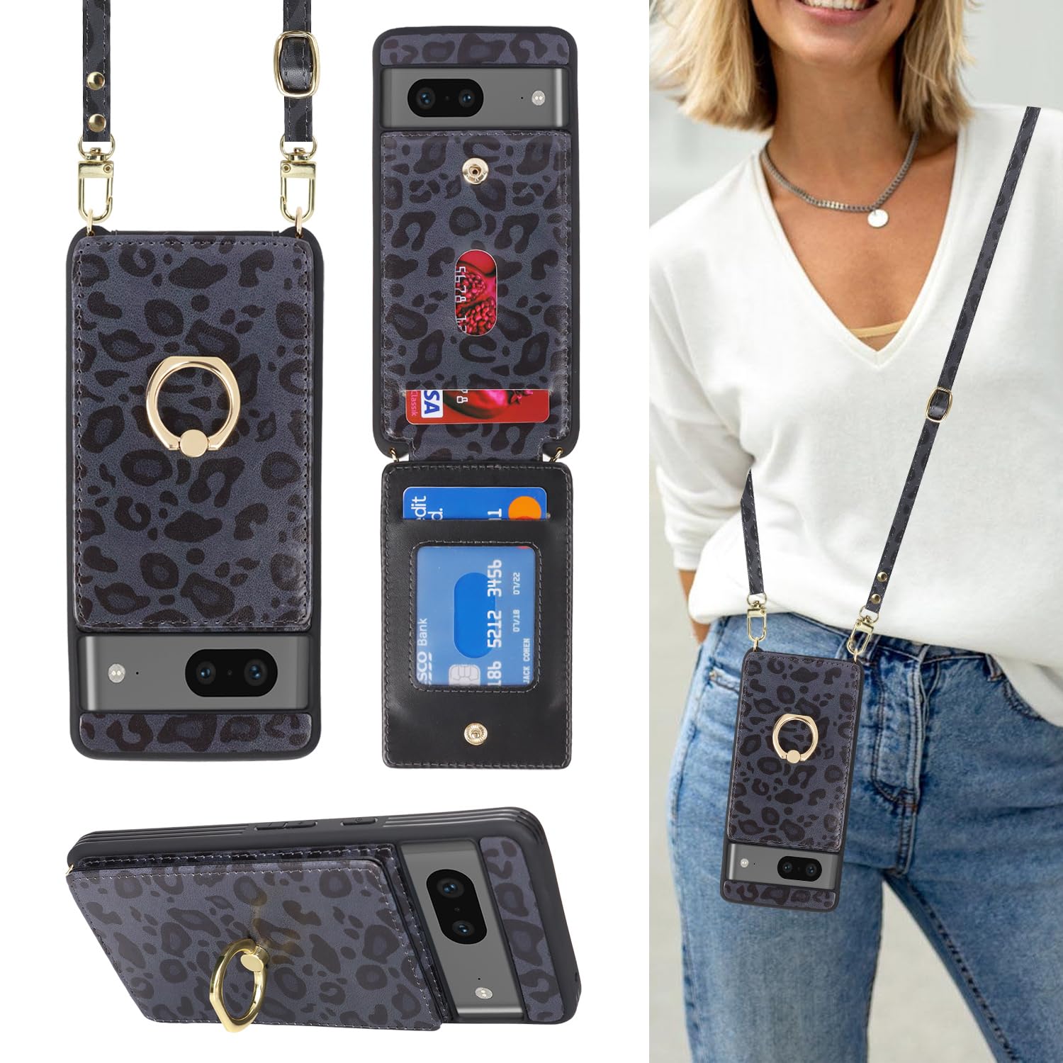 Lipvina for Google Pixel 7 Case with Card Holder and Strap for Women,Crossbody Lanyard,Ring Stand,Snap Clasp,Cute Phone Wallet C