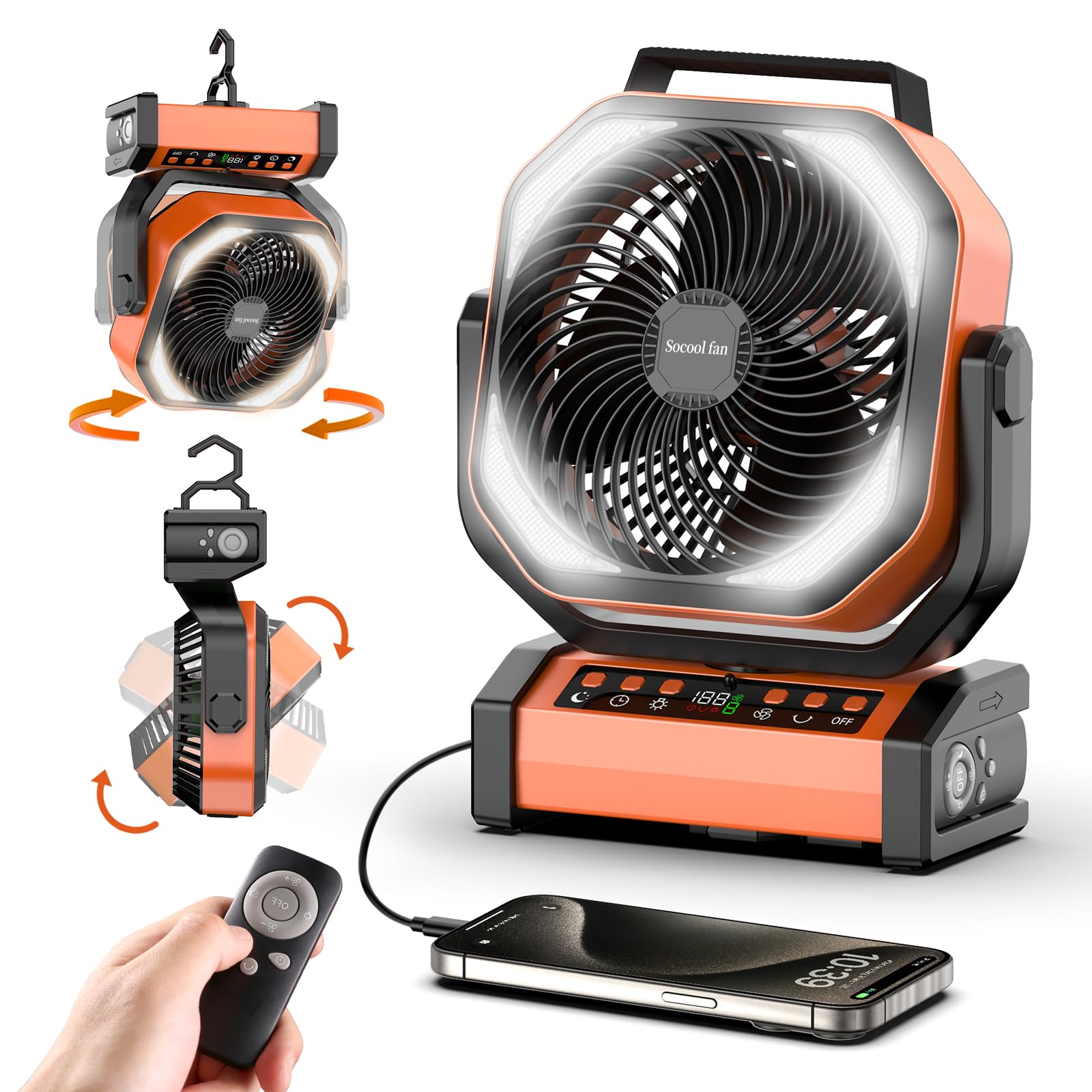 Socool Camping Fan With Light   20000Mah Rechargeable Battery Fan, 112Hrs Max Run Time, 9 Speeds, Digital Display, Timer, Auto O