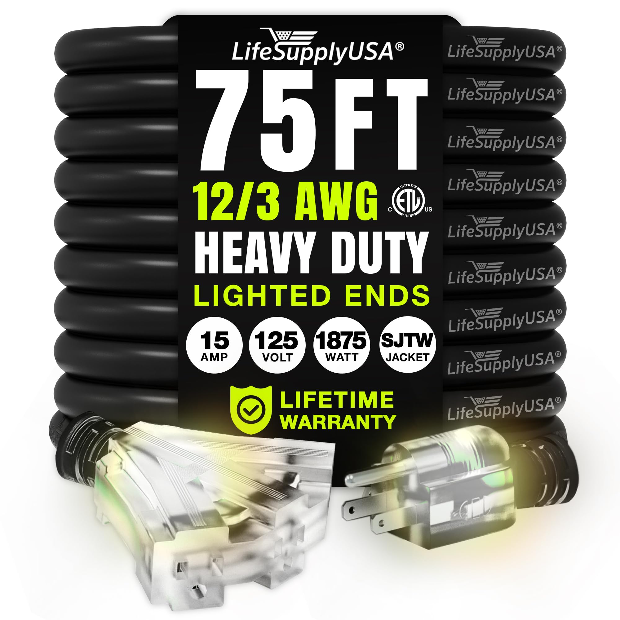 75Ft Power Outdoor Extension Cord & Indoor   Waterproof Electric Drop Cord Cable   3 Prong, 3 Outlet, Sjtw, 12 Gauge, 15 Amp, 12