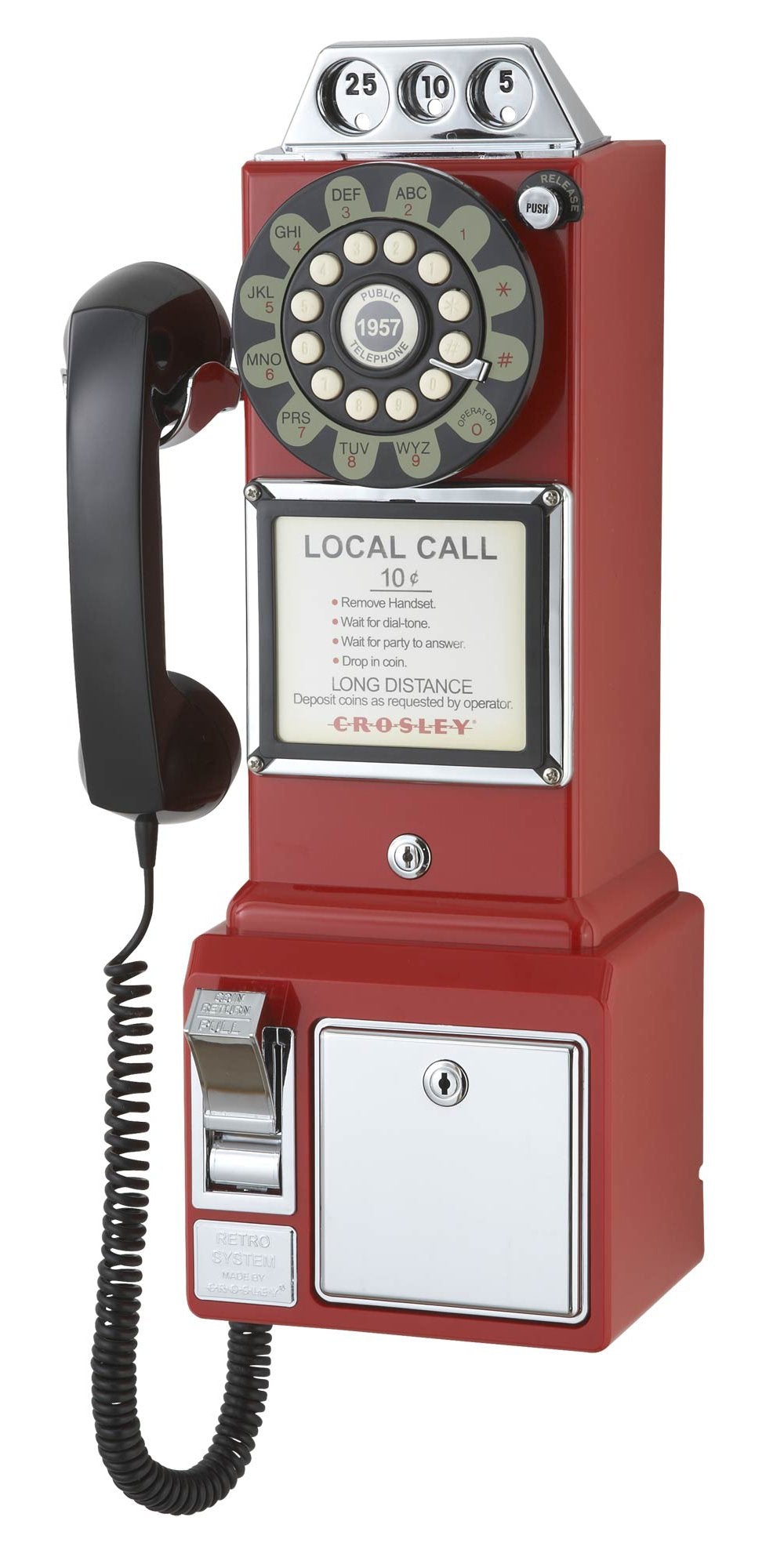 Crosley CR56-RE 1950s Payphone with Push Button Technology, Red