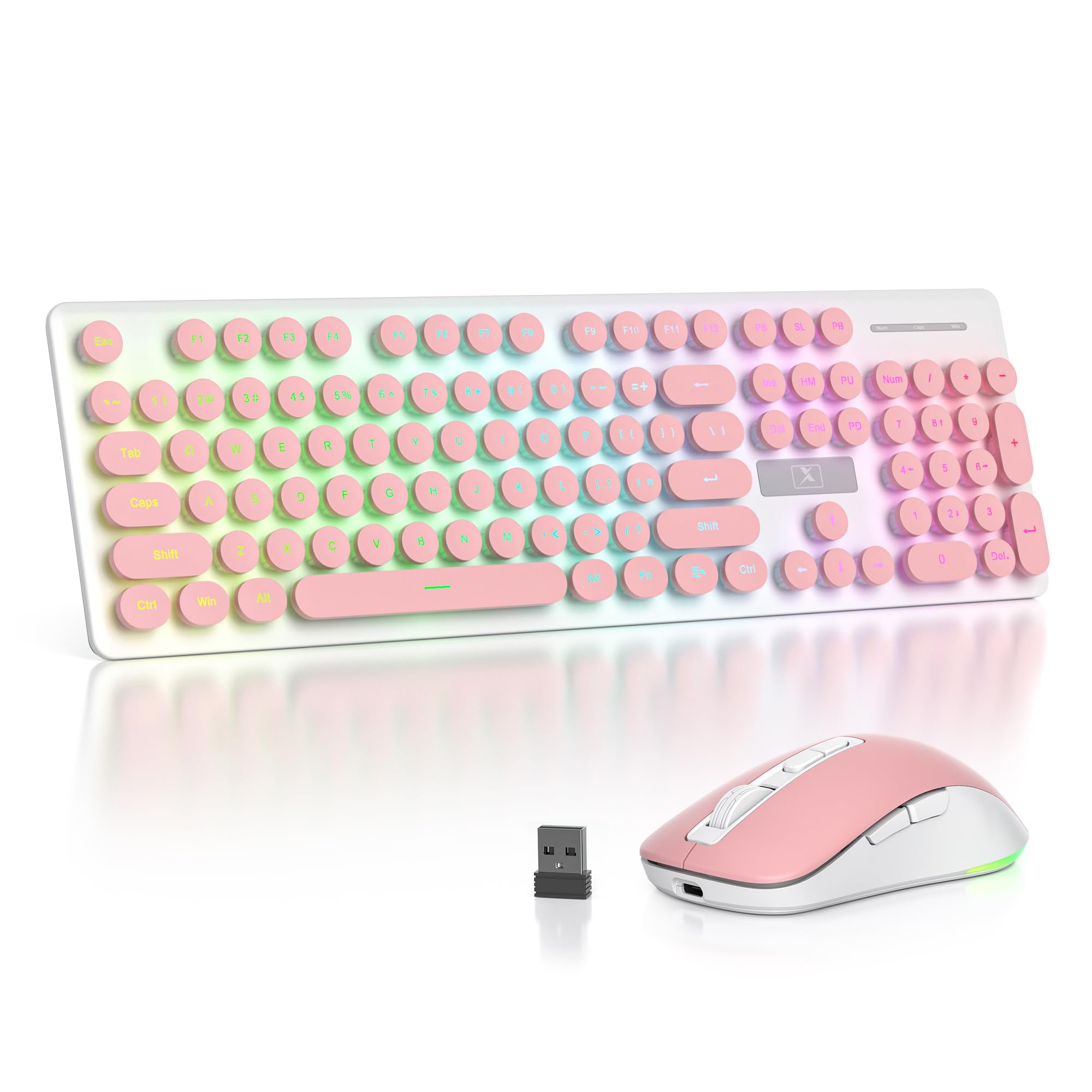 Vumilstek Backlit Pink Keyboard and Mouse Wireless, 2.4GHz Light Up Typewriter Rechargeable Quiet Keyboard Cordless with USB Rec
