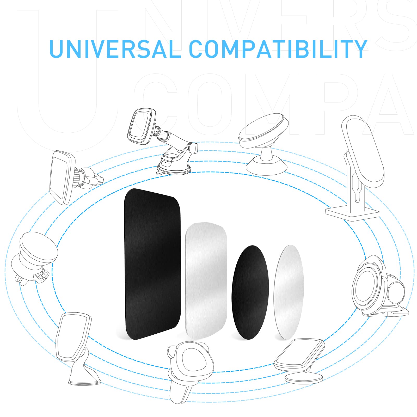 Tryone Metal Plate for Magnetic Car Mount 4 Pack Disc with 3M Adhesive Compatible with Phone Magnets/Cell Phone Automobile Magnet Cradles, No Logo or Hole, 2 Rectangle 2 Round, Black&Silver