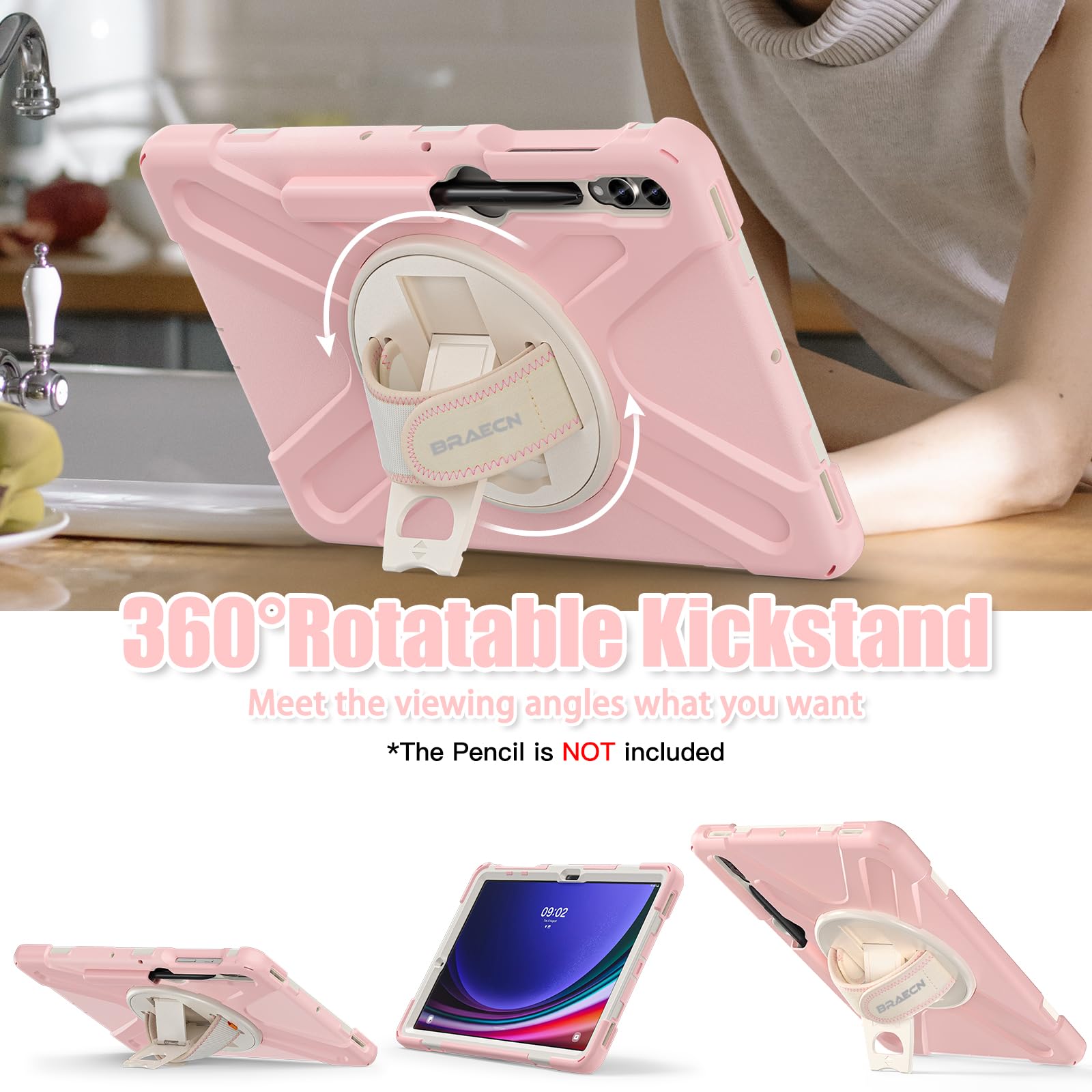Braecnstock Samsung Galaxy Tab S9 Plus 12.4 Inch Case With Pencil Holder, Shockproof Protective Cover, Rotating Hand Strap & Sta