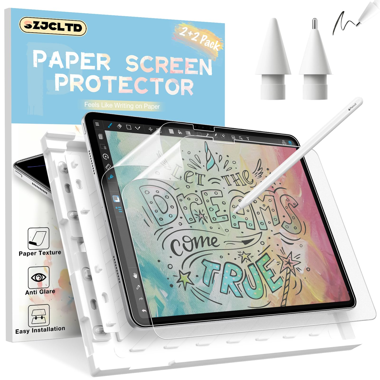 Szjcltd [2 Pack] Paper Screen Protector For Ipad Pro 13 Inch 2024 + [2 Pack] Replacement Tips For Apple Pencil, Anti Glare Matte