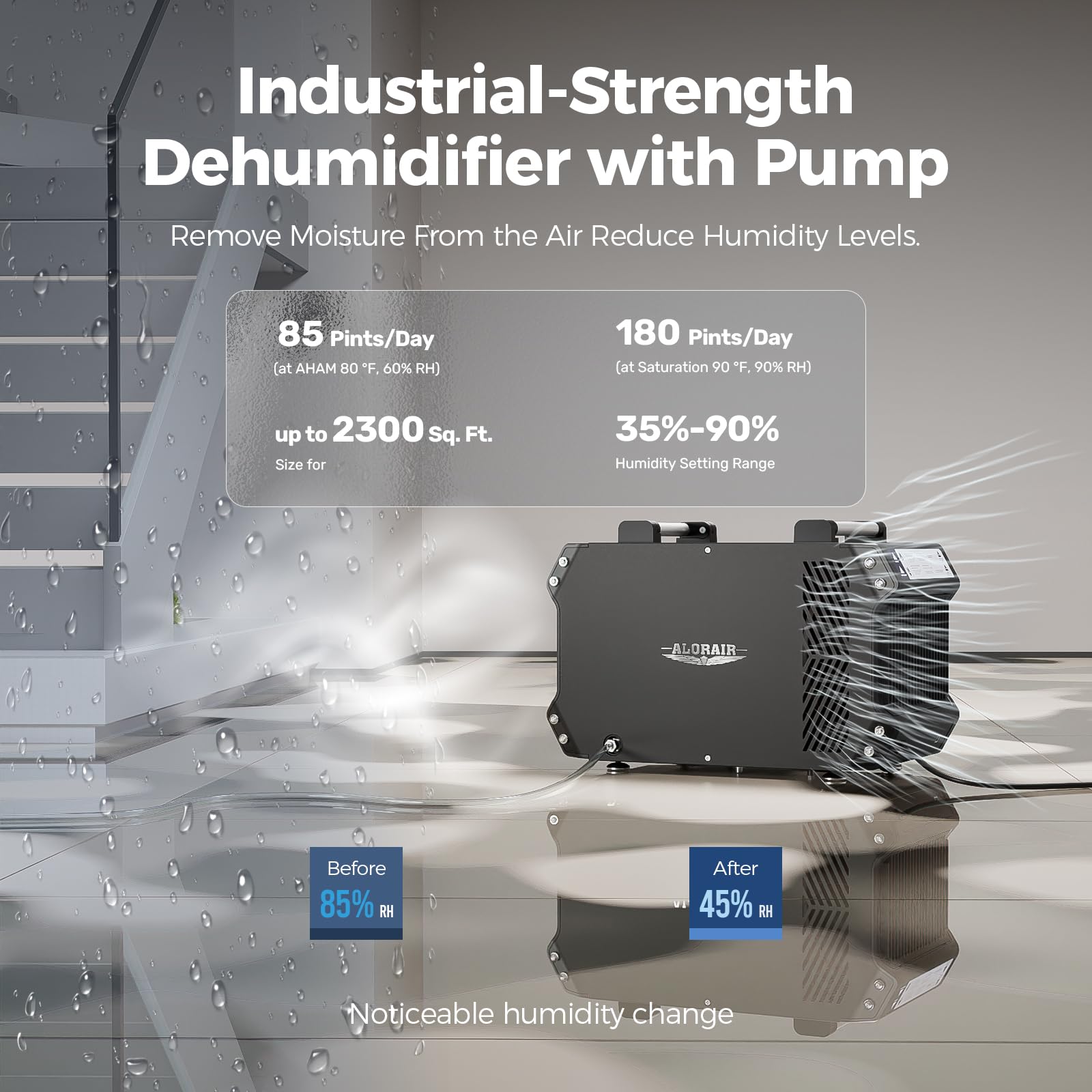 Alorair Crawlspace Dehumidifiers With Pump, 180 Pint Energy Star Commercial Dehumidifier For Basements With Drain Hose, 2,300 Sq