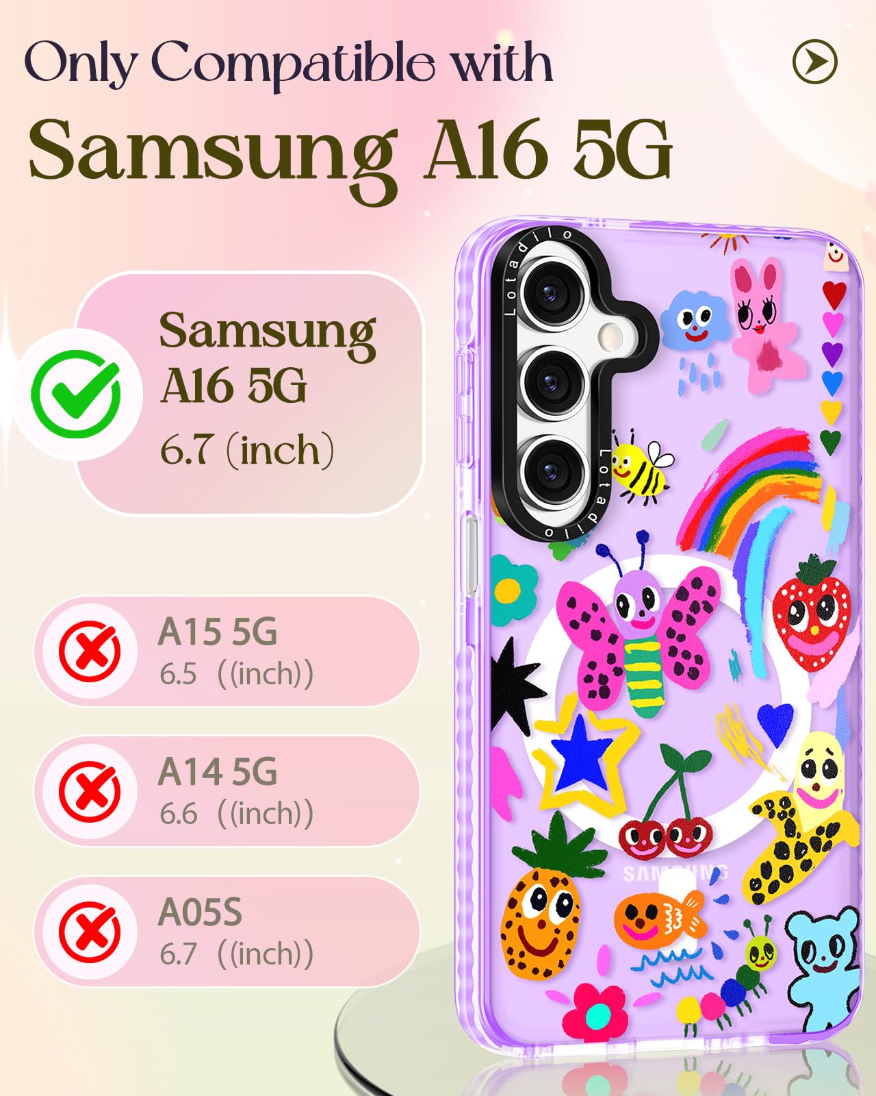 Lotadilo Cute Case For Samsung Galaxy A16 For Women Girls - Funny Crayon Drawing Design Compatible With Magsafe Magnetic Ring Ho