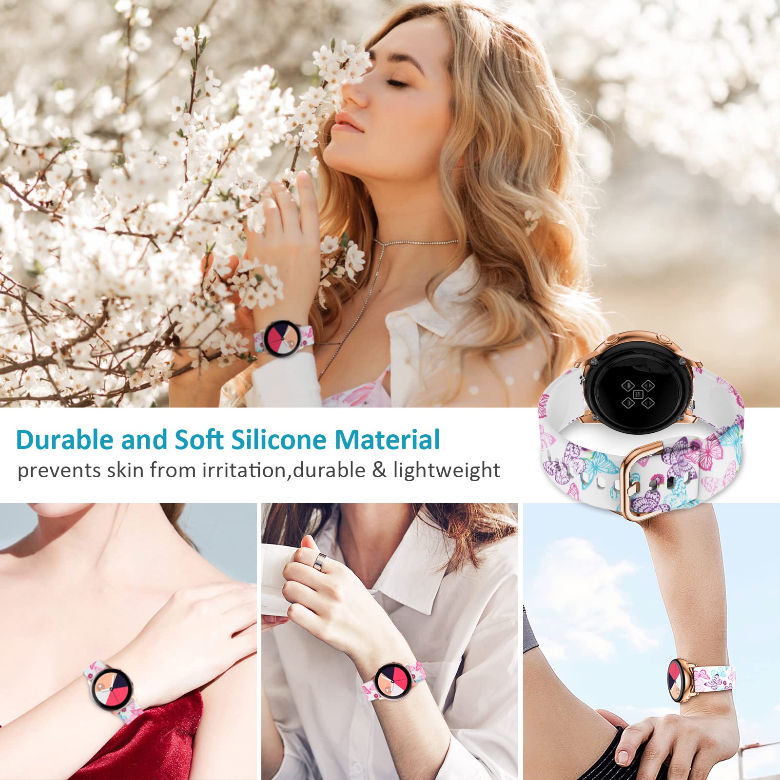 Toolaik Floral Bands Compatible With Galaxy Watch 7 6 5 4 Active 2 Watch Band 40Mm /44Mm,Active Watch Band 40Mm, 20Mm Silicone W