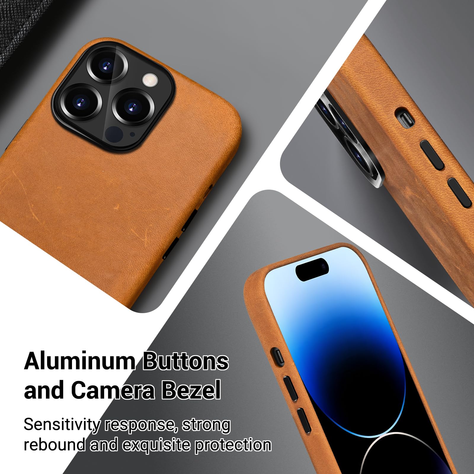 Belemay Compatible With Iphone 12 Pro Max Leather Case Magsafe Top Grain Vintage Crazy Horse Leather Metal Buttons Camera Bezel