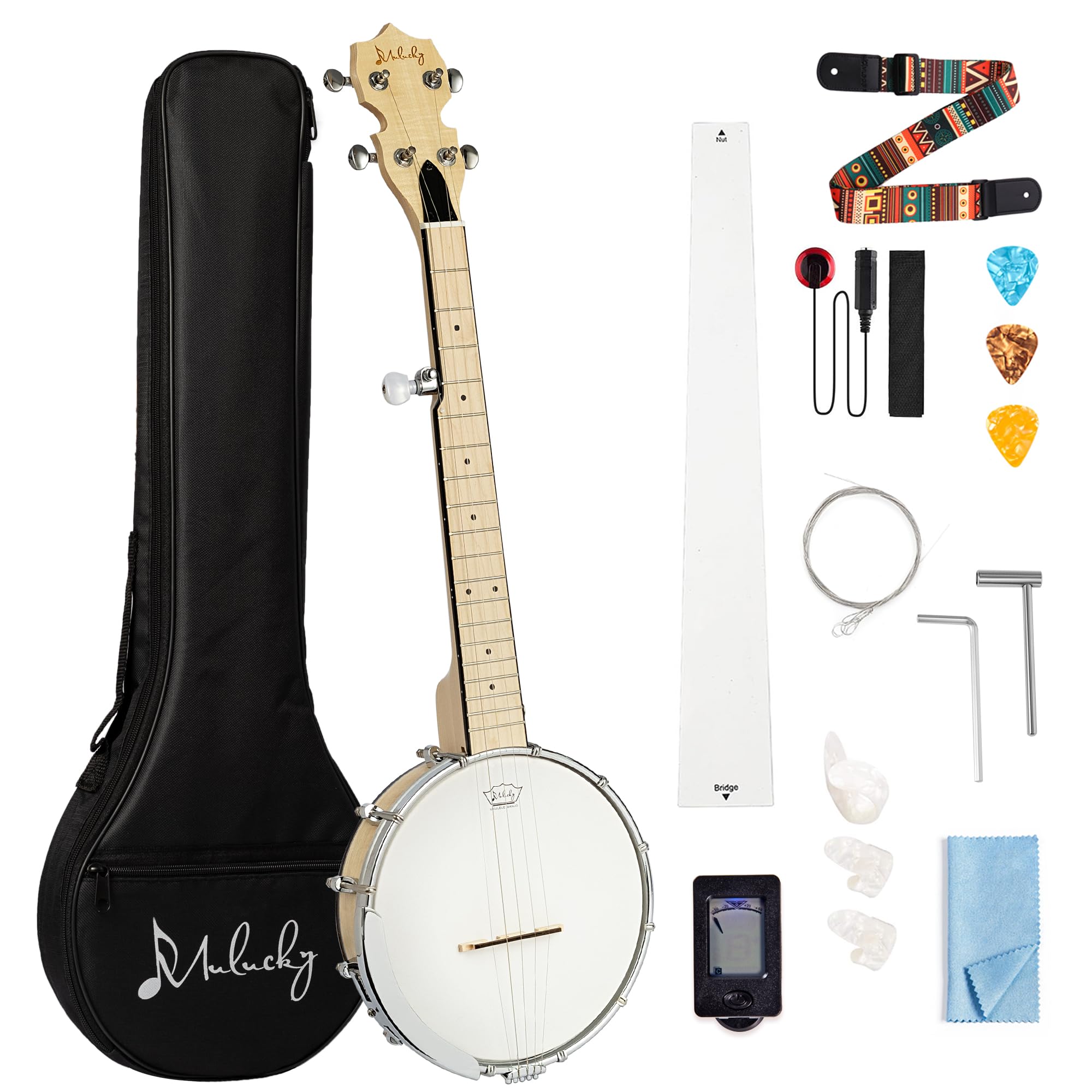 5 String Banjo Mini - Mulucky 26 Inch Travel Banjo Maple, Closed Solid Back Beginner Kit With Gig Bag Tuner Picks Strings Strap 