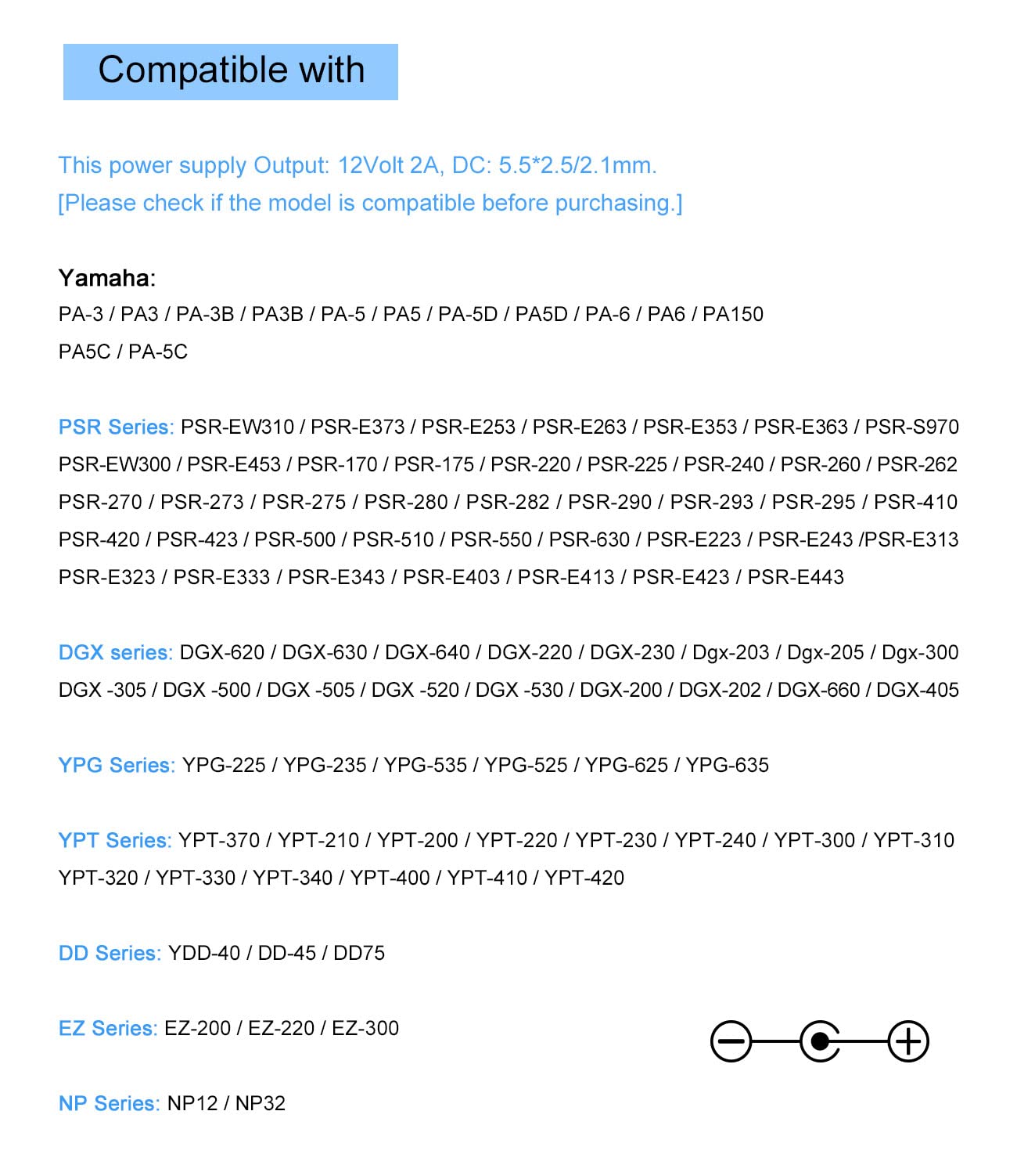 12V Ac Power Adapter Cord Fits For Yamaha Keyboard Psr, Ypg, Ypt, Dgx, Dd, Ez, P Digital Piano And Portable Keyboard Series (Pa1