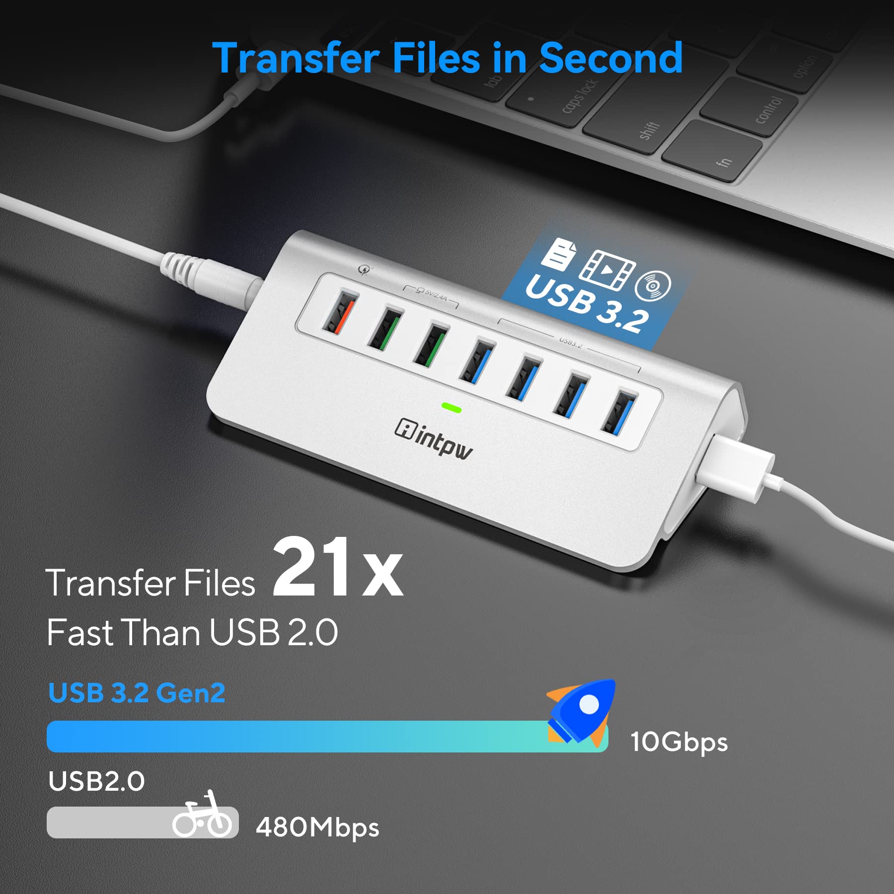 Powered Usb 3.2 Hub 10Gbps,7 Port Usb Data Hub Usb Splitter With 4 Usb 3.2 Gen2 Data Ports,3 Fast Charging Ports,30W Power Adapt