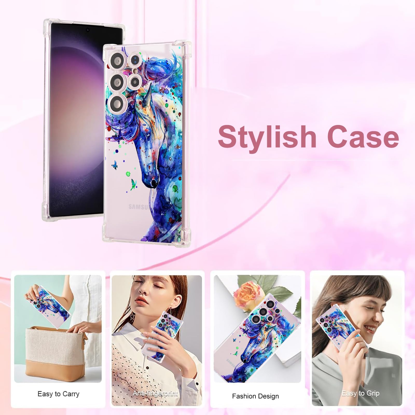 Roemary Horse Case For Galaxy S22,For Samsung Galaxy S22 With Horse Design,Purple Pattern With Screen Protector Soft Tpu Protect