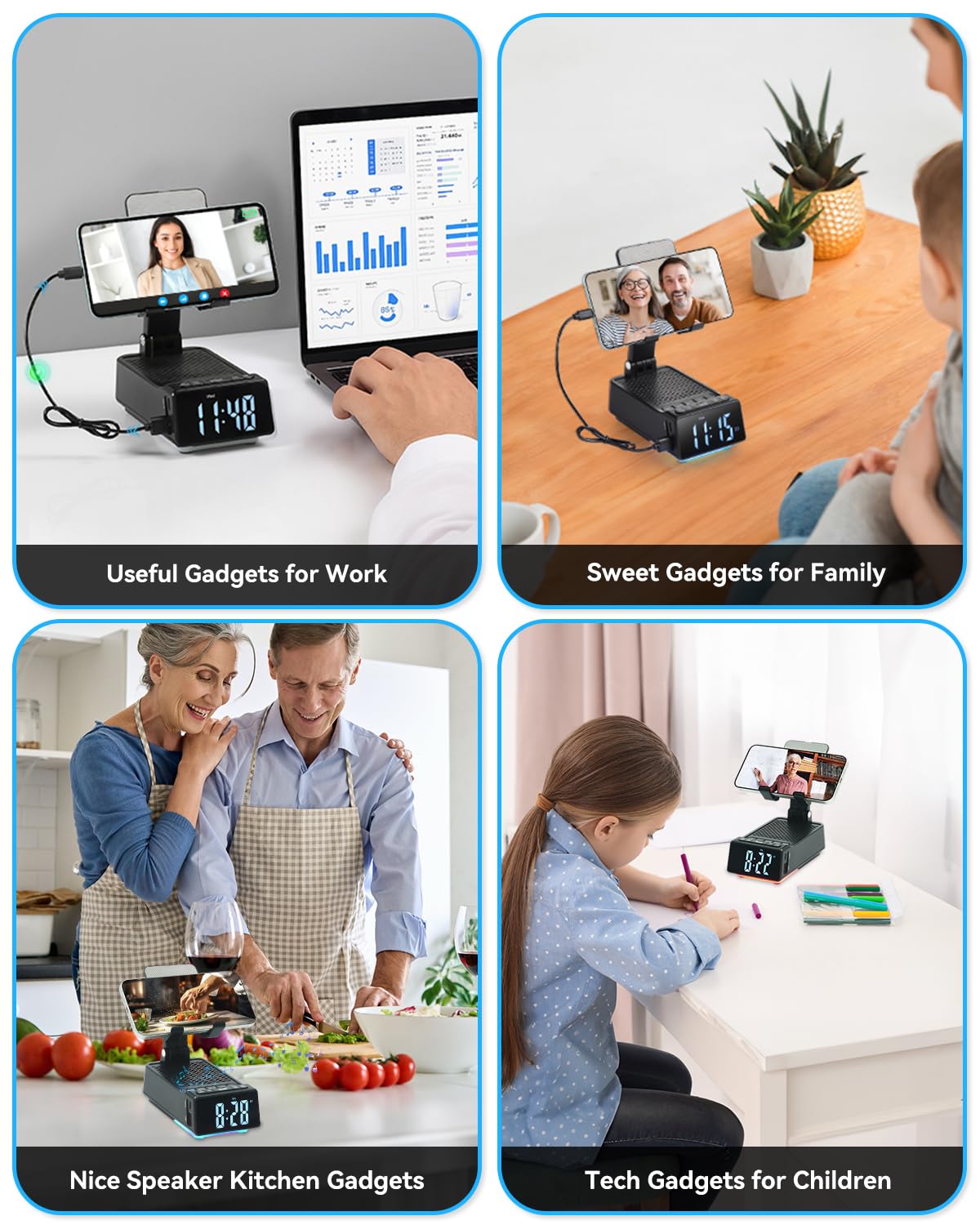 Bfushiony Cell Phone Stand With Wireless Bluetooth Speaker & Alarm Clock - Birthday Gifts For Men Women, 5 In 1 Phone Holder Wit