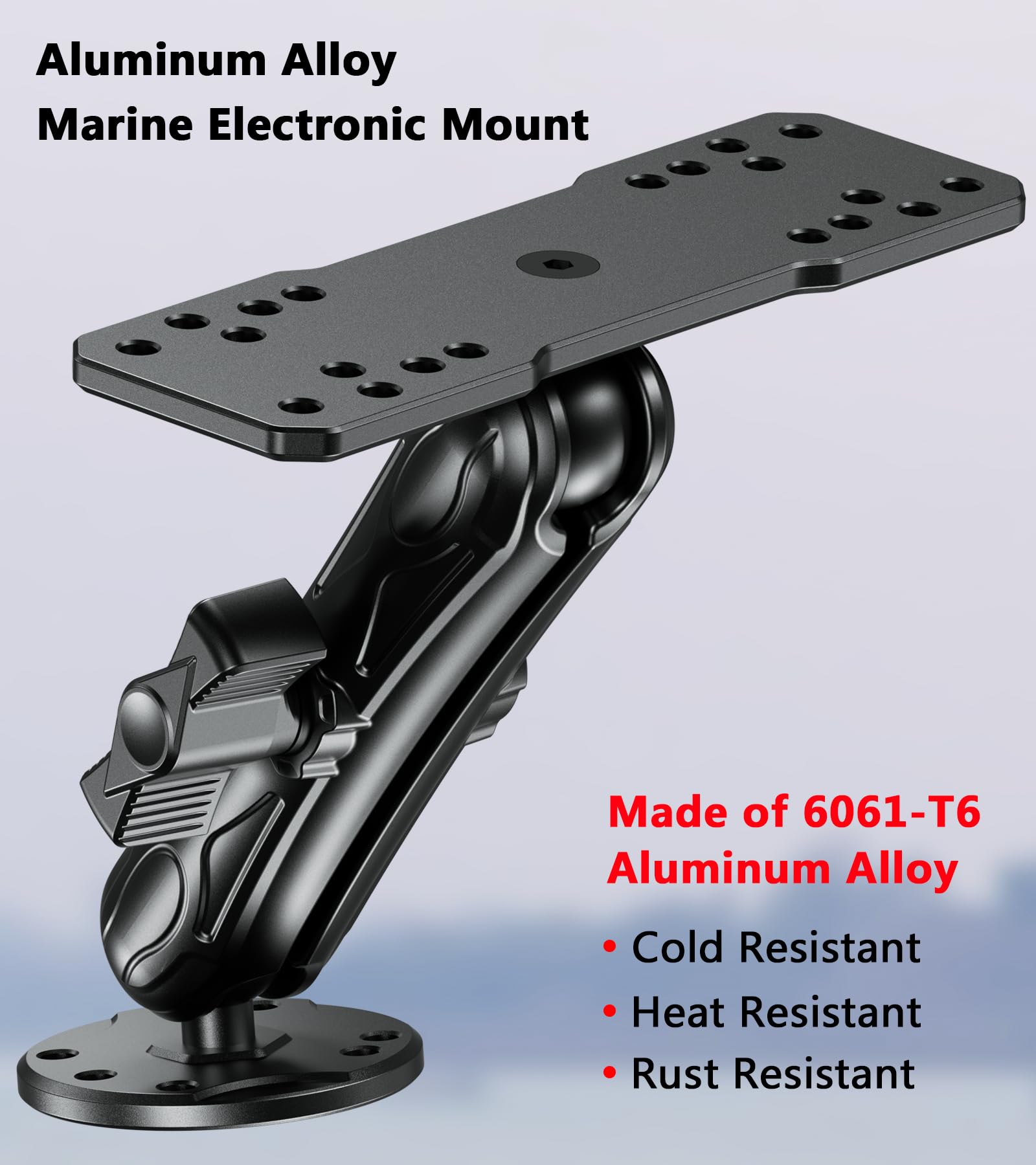 Vazeswin Aluminum Alloy Fish Finder Mount With B Size 1'' Ball Rectangle Plate & Round Base, 5.9'' Long Arm Marine Electronic Mo