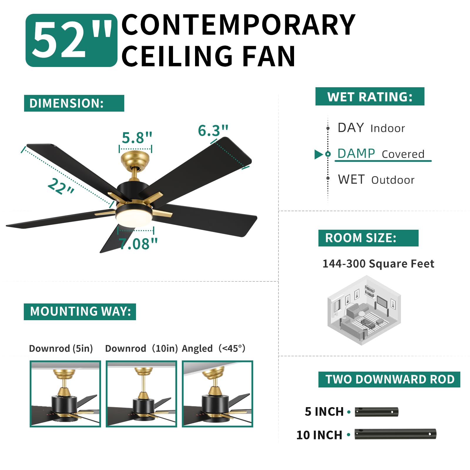 Yitahome 52 Inch Black Gold Ceiling Fan With Light Remote And App Control, Modern Dimmable Fanlight For Indoor Outdoor With Reve