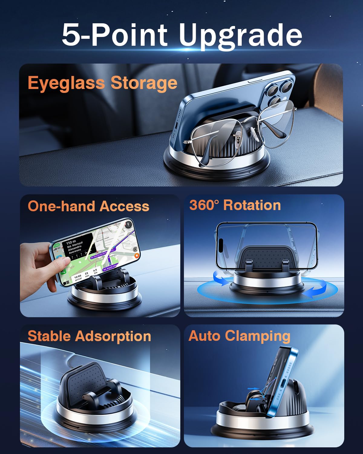 Oatsbasf Dashboard Cell Phone Holder, Car Phone Mount 360 Rotatable Car With Non-Slip Silicone, Compatible With Iphone,Samsung,A