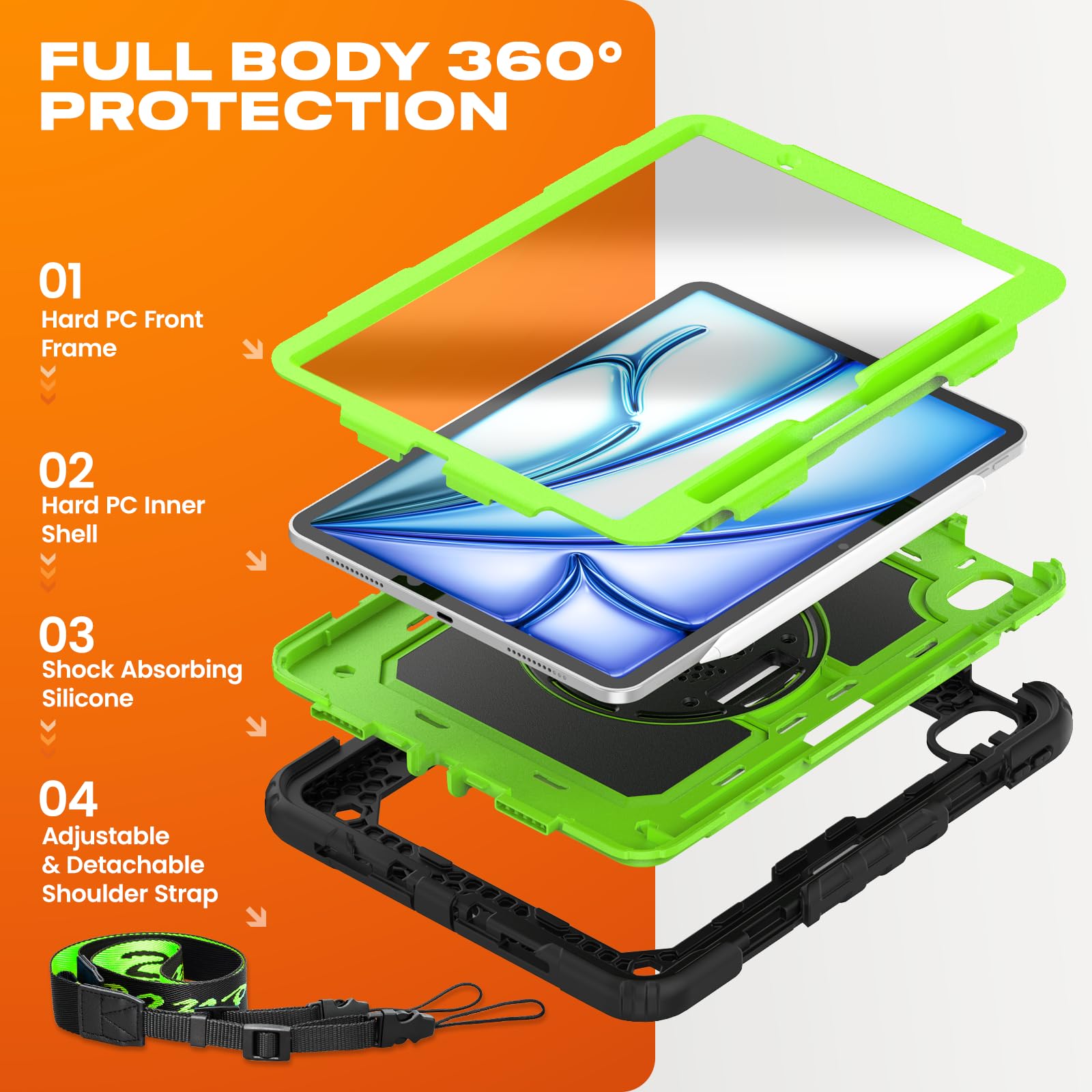 Seymac Stock For Ipad Air 11 Inch Protective Case M3 2025/ M2 2024 (Air 7Th/6Th Generation), Heavy Duty Case With Screen Protect