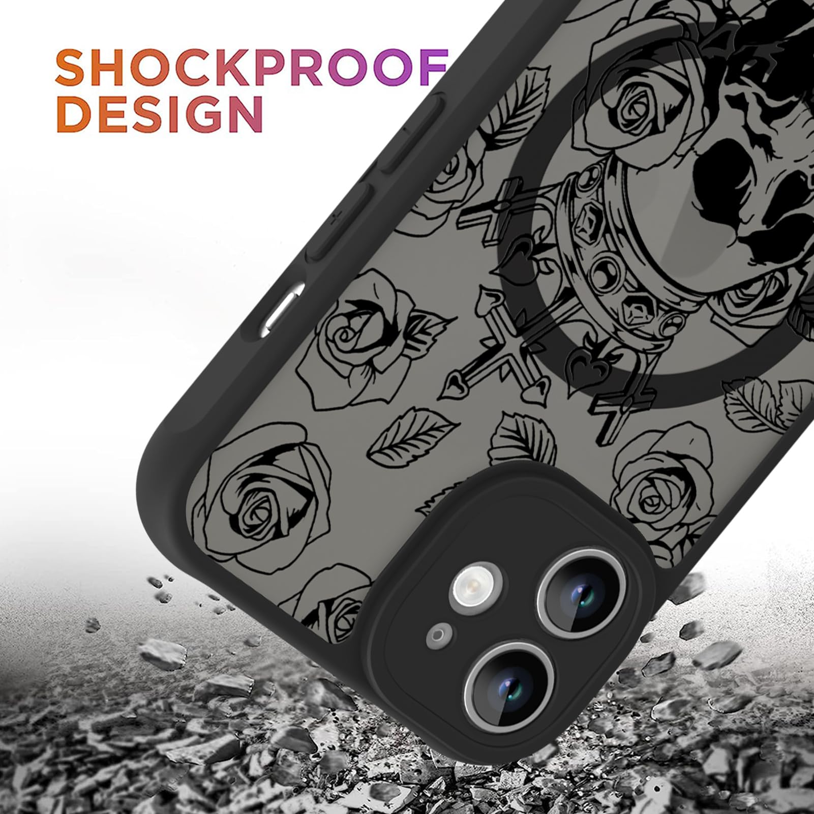 Ook Magnetic For Iphone 11 Case Black Flower Skull Pattern [Compatible With Magsafe] Slim Translucent Matte Camera Lens Protecti