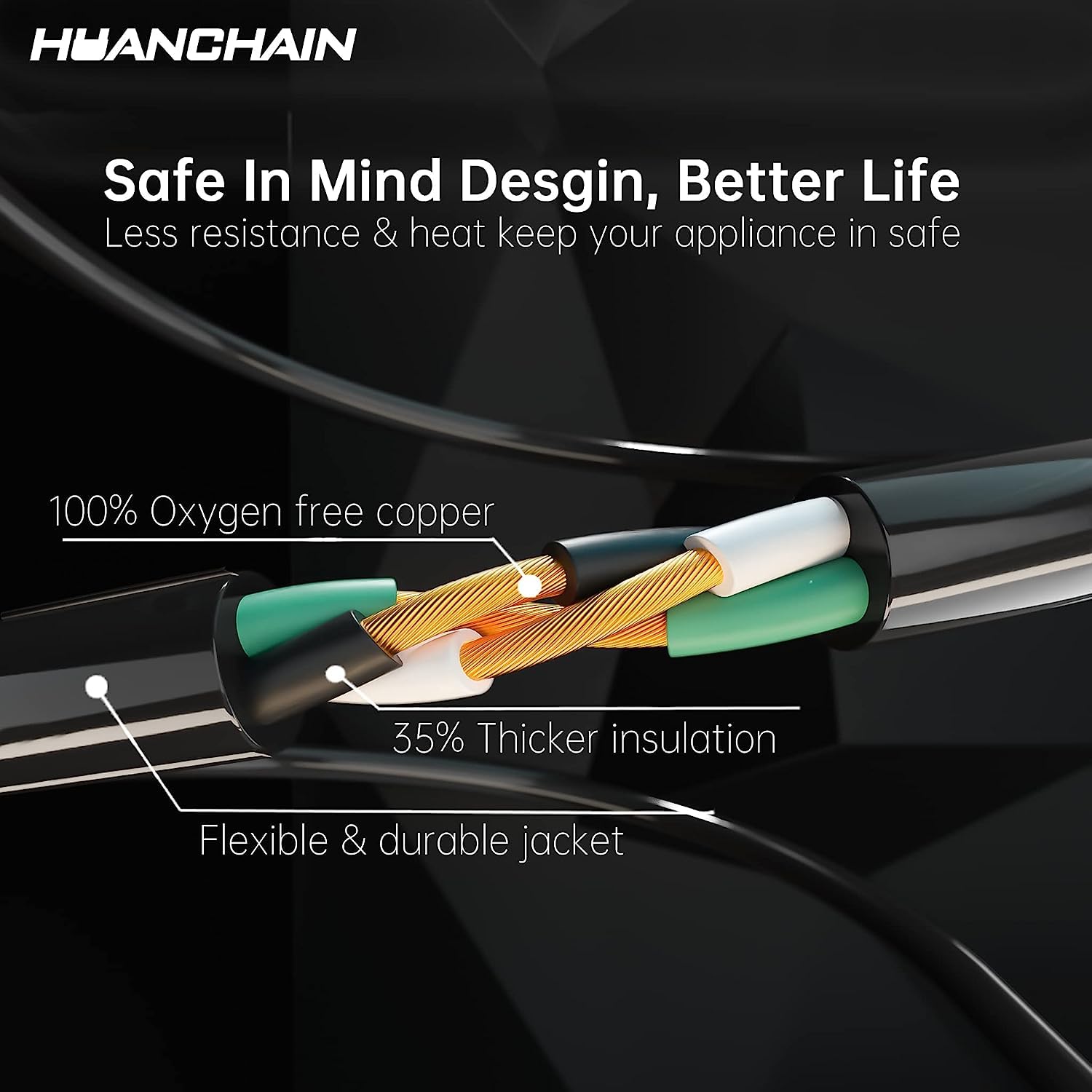Huanchain Indoor Outdoor Black Extension Cord 6 Ft Waterproof, 16/3 Gauge Flexible Cold Resistant Appliance Extension Cord Outsi
