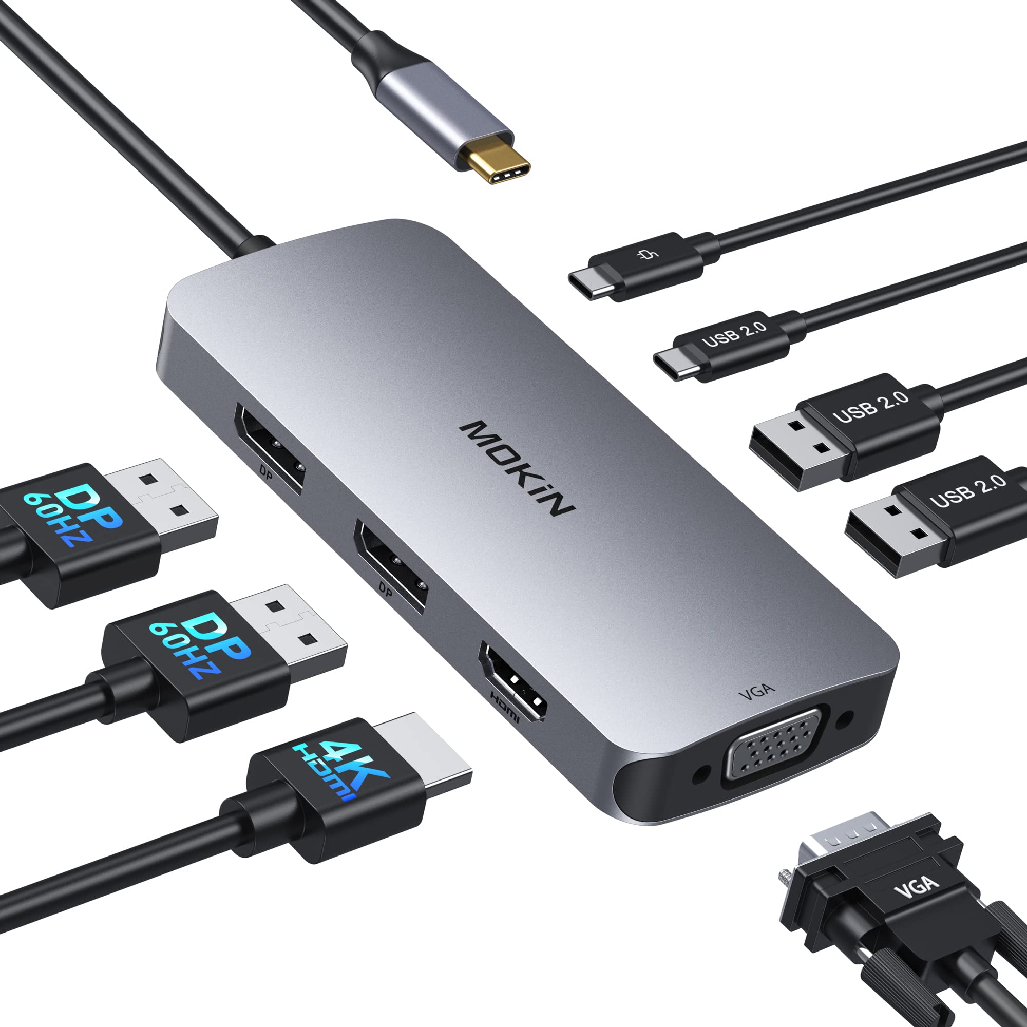 USB C Docking Station Dual DisplayPort, 8 in 1 Hub with 2 DP, HDMI, VGA, USB C 2.0, 2 USB A 2.0, PD Charging Port, Multi Monitor
