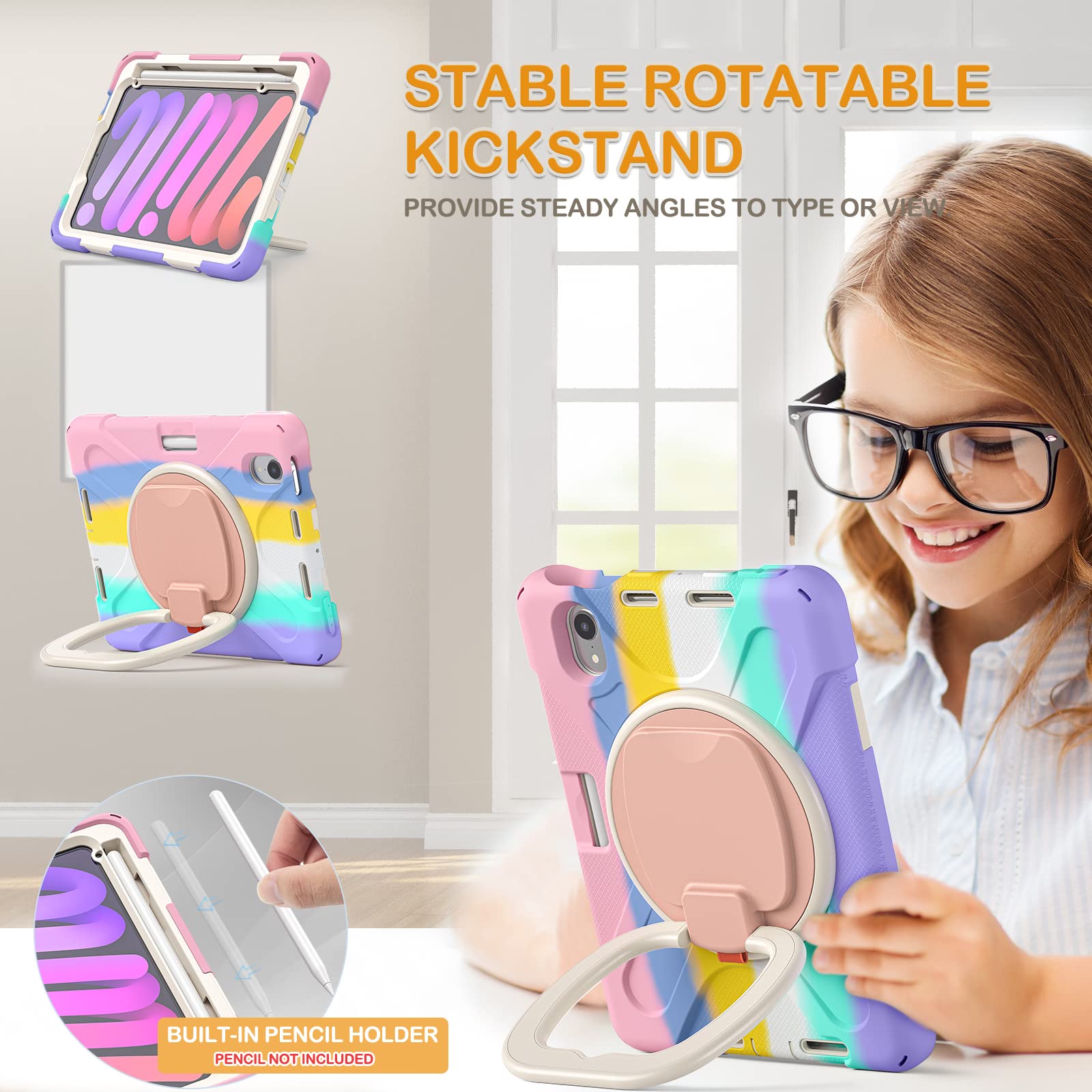 Braecn Kids Case For Ipad Mini 6Th Gen 8.3'' 2021 A2567/A2568/A2569, Rugged Silicone Cover With Screen Protector, 360 Swivel Han