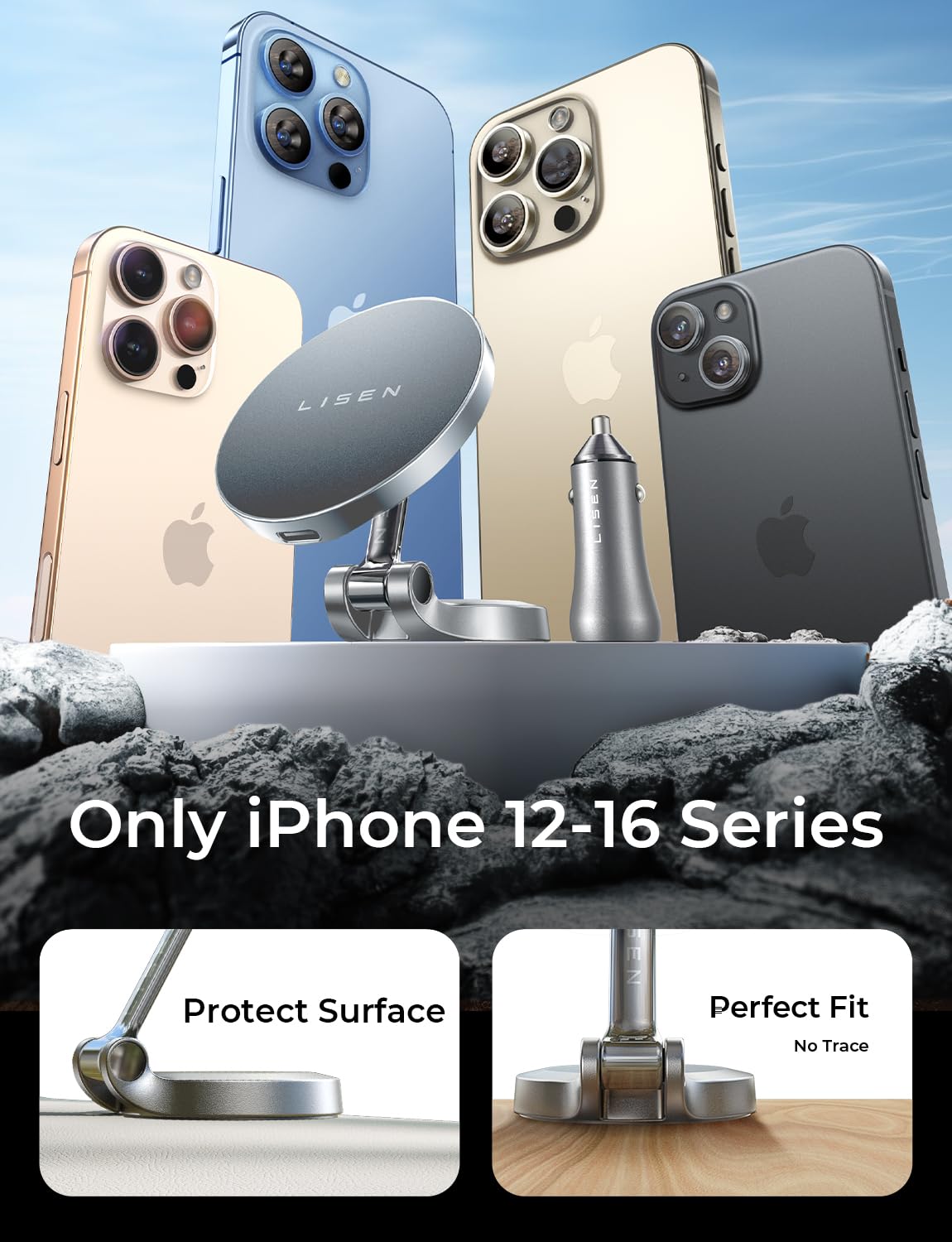 Lisen For Magsafe Car Mount Charger, [Upgrade Set] 360 Rotation Wireless Magsafe Car Charger, Foldable Car Phone Holder Dashboar