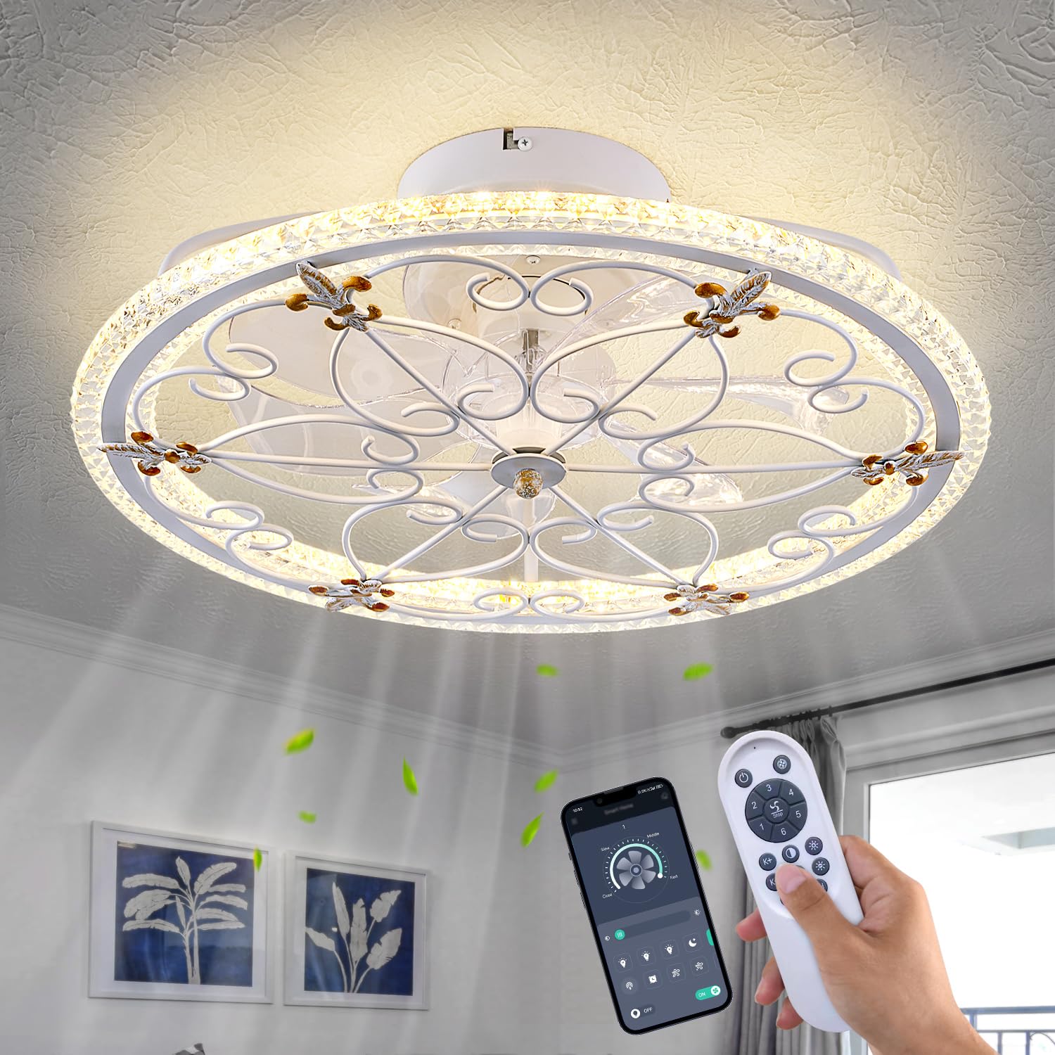 HuixuTe 20 White Ceiling Fan with Lights Remote Control, 6 Speeds Retro Industrial Caged Ceiling Fan with Light for Kitchen Bedr