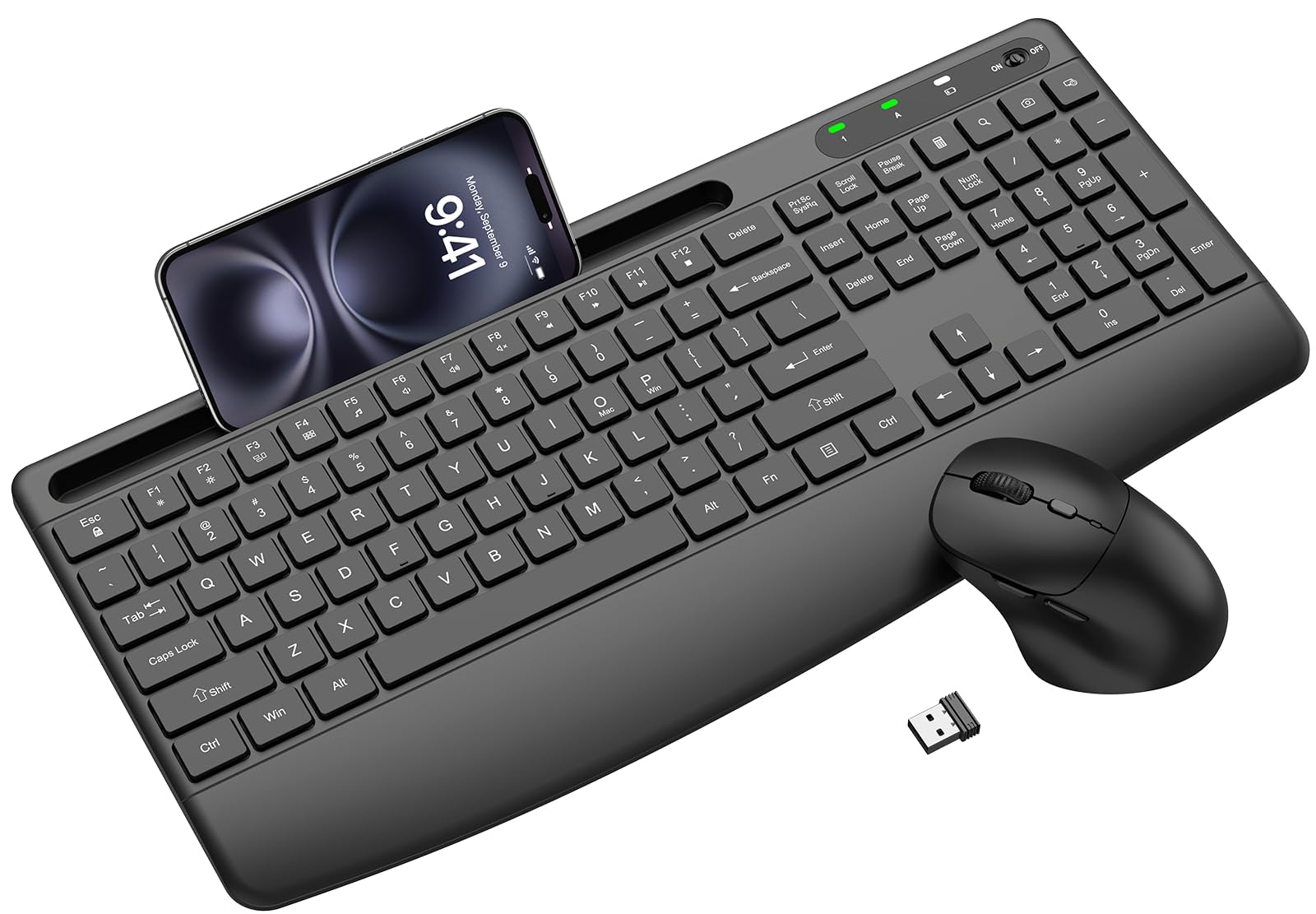 Ergonomic Wireless Keyboard and Mouse Combo, FullSize Silent Keyboard with Wrist Rest & Phone Holder, 3 DPI Adjustable Mouse, 2