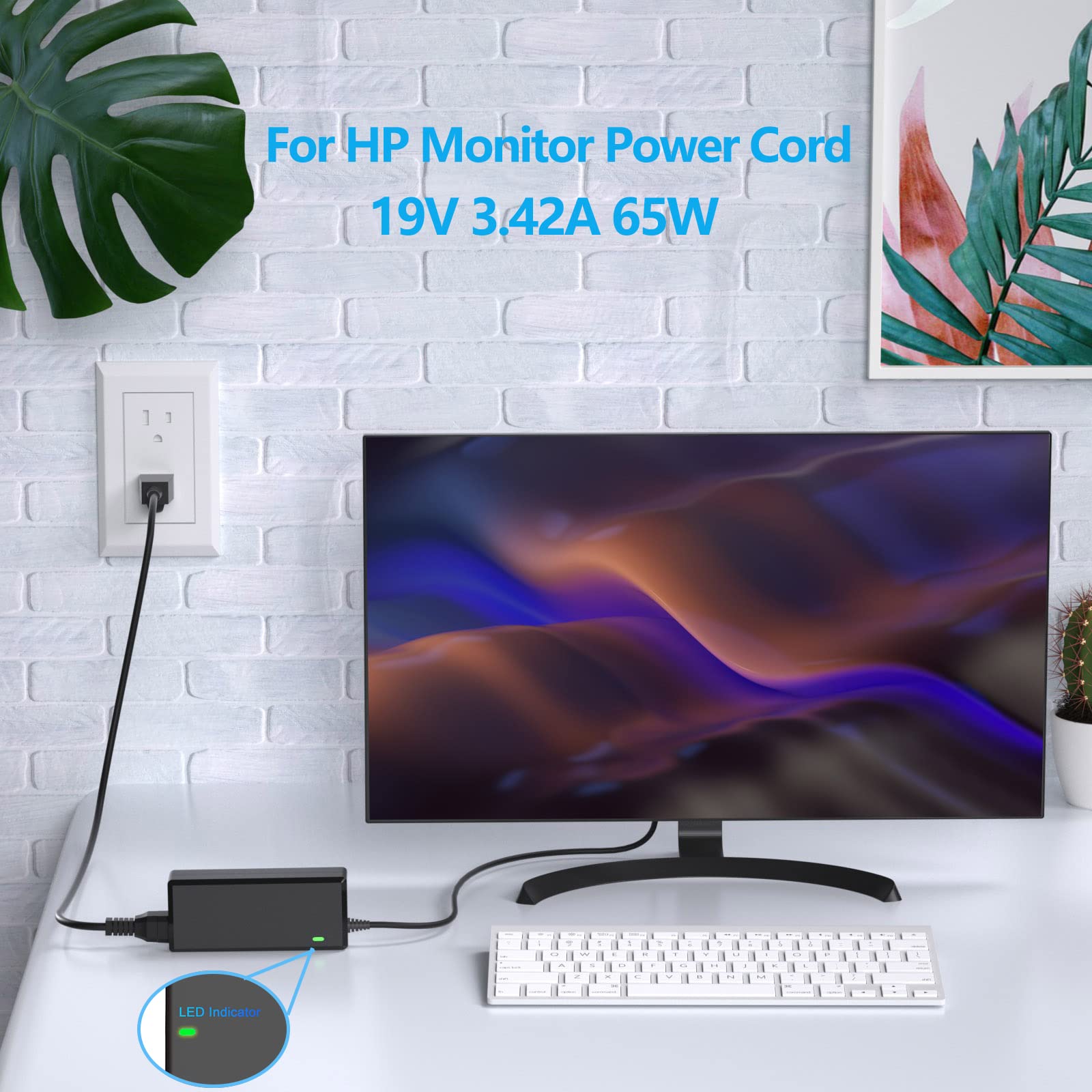 VHBW HP Monitor Power Cord 19V, Black, Compatible with 27" 25" 23.8" Models, Durable ABS Material