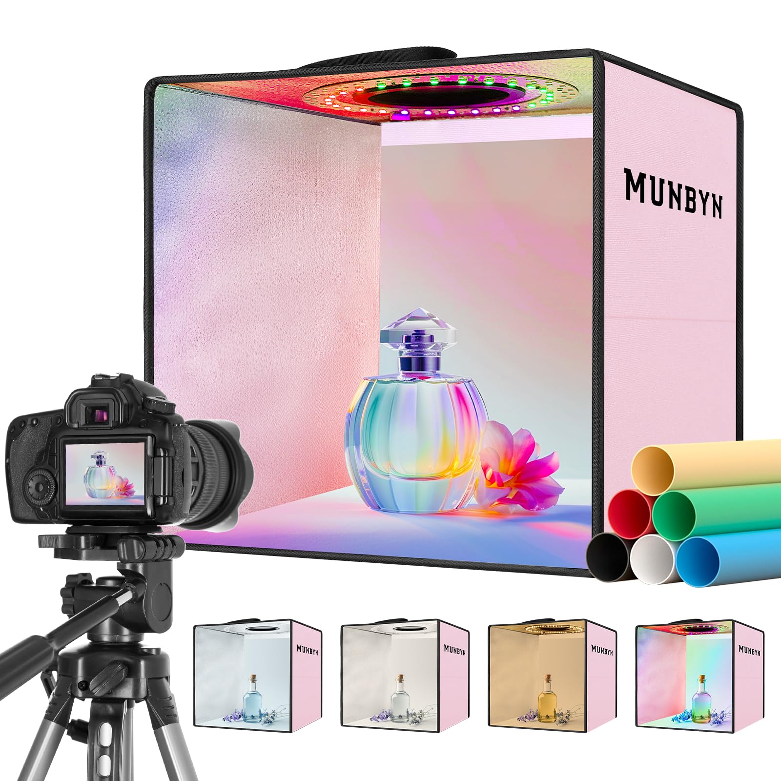 Munbyn Photo Light Box Photography, Portable Photo Studio Box 12'' X 12'' Pink Professional Photo Tent Kit With 6 Color Rgb Led