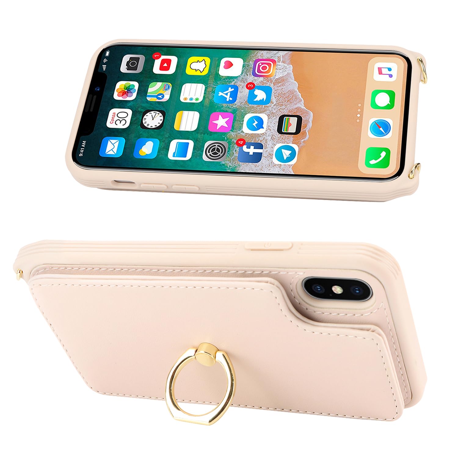 Lipvina For Iphone X/Xs Phone Case With Card Holder And Strap For Women,Crossbody Lanyard,Kickstand Ring Stand,Snap Clasp,Phone
