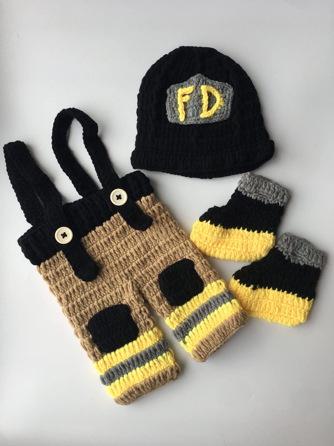 Pinbo Baby Photography Prop Crochet Knitted Firefighter Fireman Hat Pants Shoes